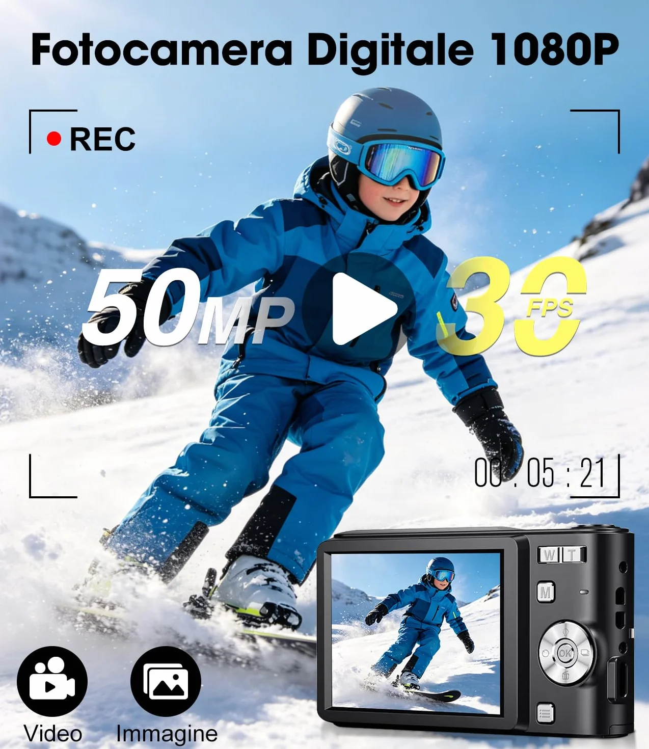 Macchina Fotografica Bambini 50MP 1080P, Autofocus, Schermo 2,4", Zoom Digitale 16X, Anti-Shake, Nero Vlogging Compatta Digital Camera per Ragazzi, Bambini, Studenti e Principianti con Scheda 16GB
