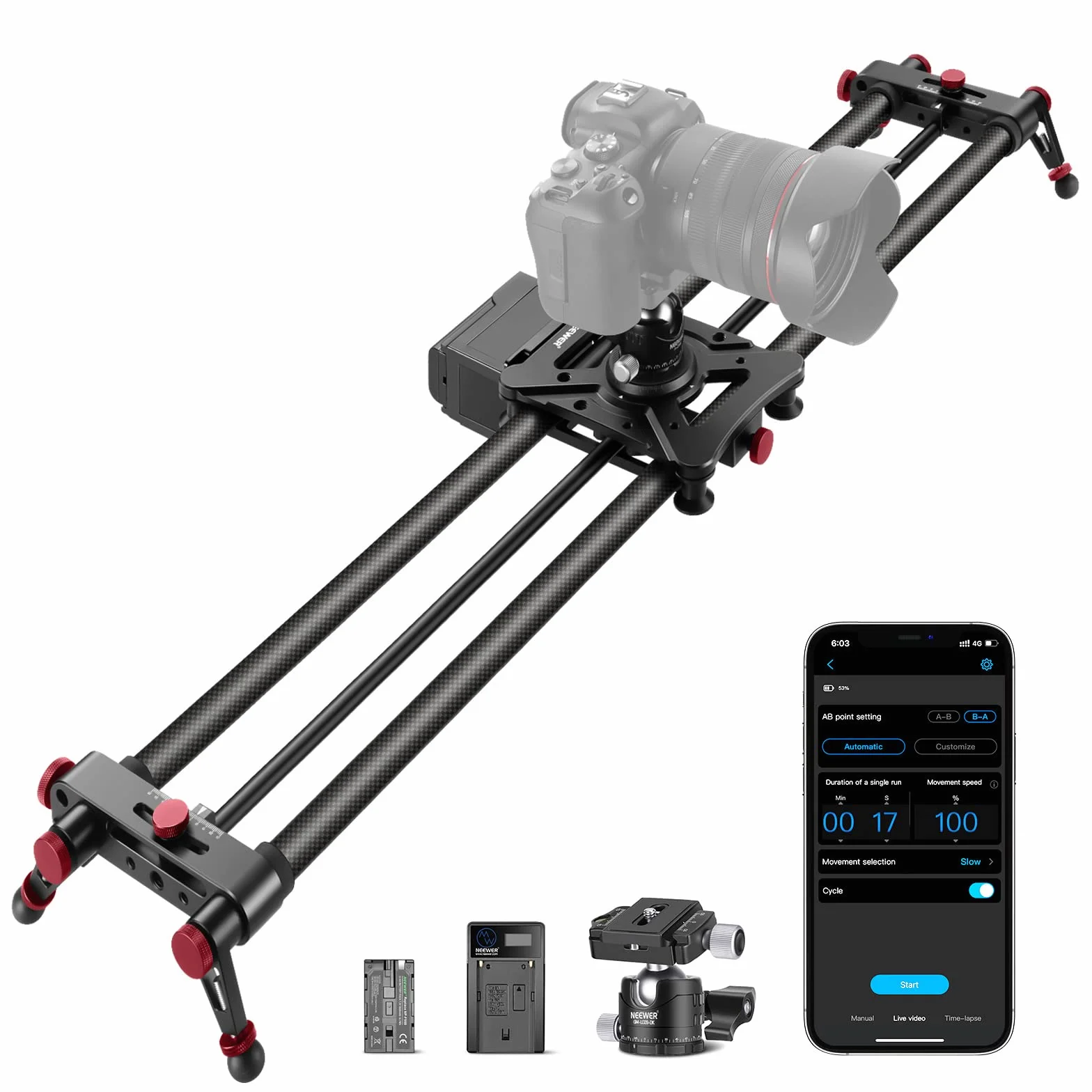 NEEWER 120cm Motorizzato Slider per Fotocamera, Controllo Wireless via APP in Fibra di Carbonio, Supporta Modalità Video, Fotografia Time Lapse, Orizzontale, Tracking & Riprese a 120° (ER1-120)