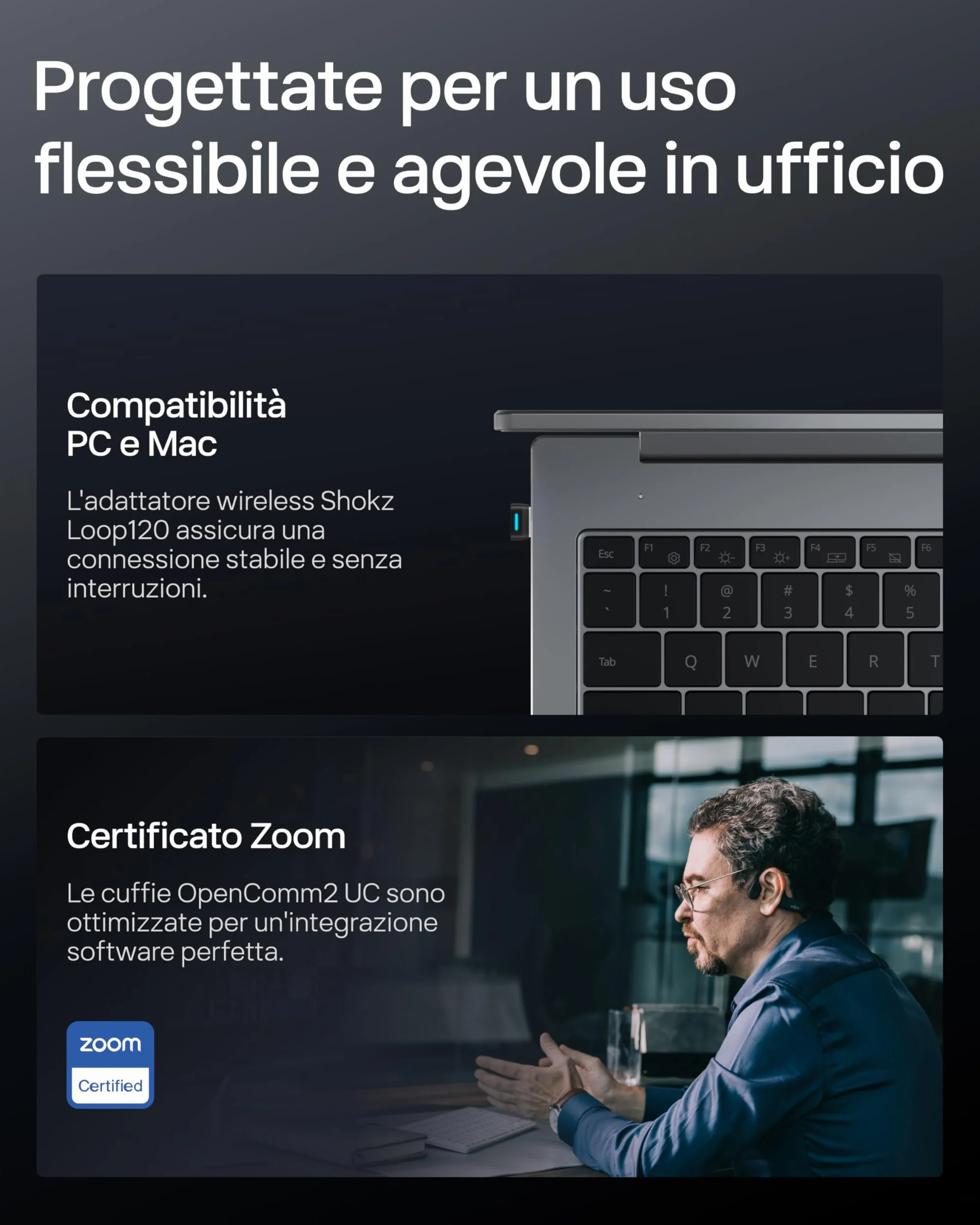 SHOKZ Auricolari OpenComm2 UC 2025 Upgrade a conduzione ossea con adattatore USB-C, auricolari Bluetooth open-ear per l'attenuazione del rumore, wireless, 16 ore di conversazione, Segnalibri, Nero