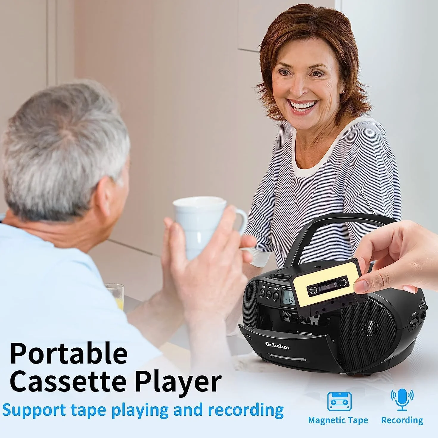 G Keni CD portatile e lettore cassette Boombox Combo, registratore cassette con telecomando, radio AM/FM, riproduzione USB, jack cuffie, alimentato batteria/rete
