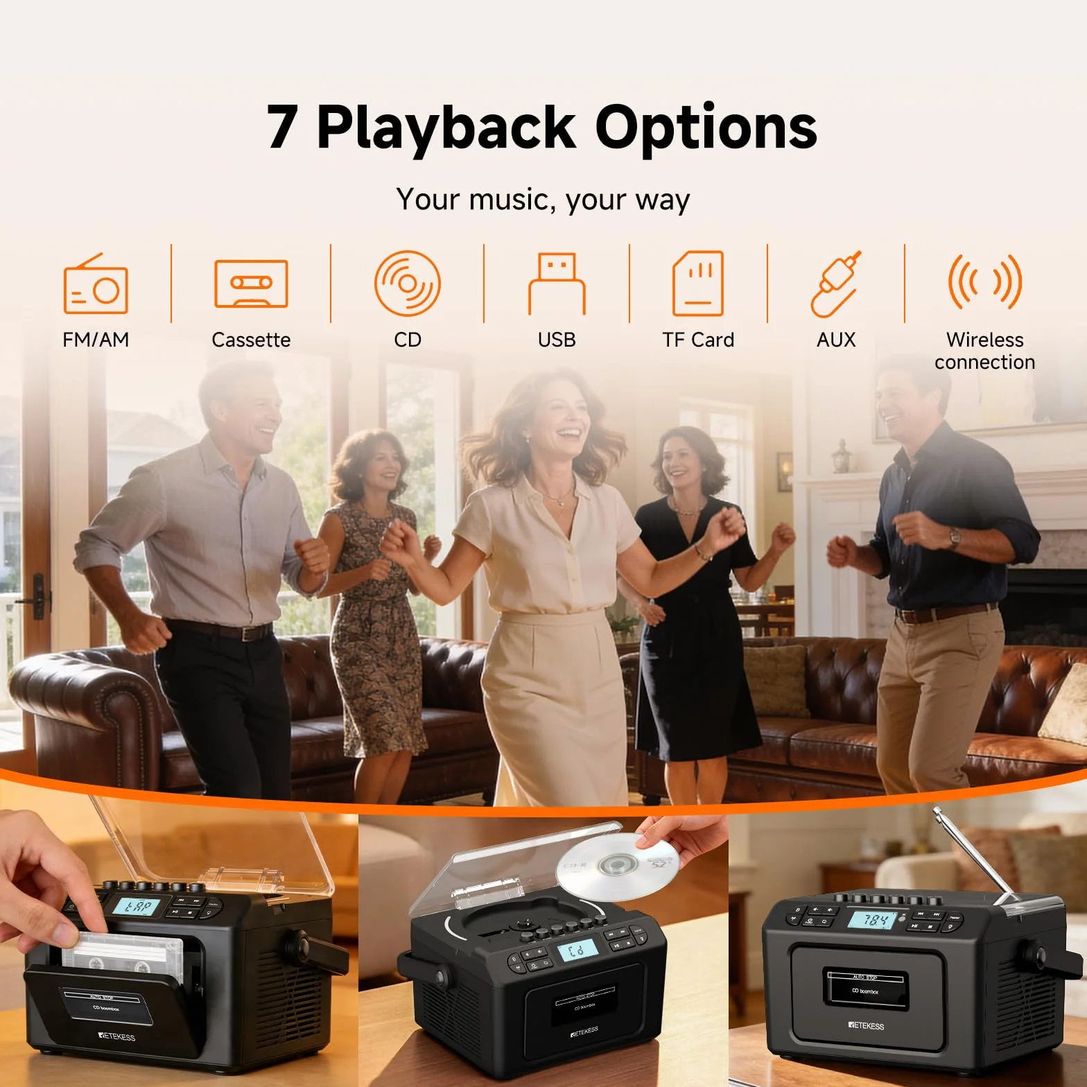 Retekess TR642 Lettore CD Boombox Portatile, Radio con Lettore CD, AM FM Radio, Connettività Wireless, USB/AUX/TF, con Telecomando, Jack per Cuffie, Batterie Ricaricabili, Adatto alle Famiglie