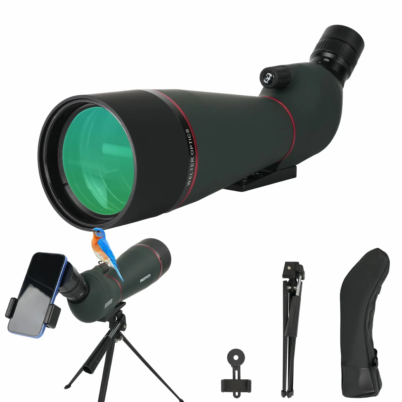 Cannocchiale con Treppiede, 20-60x80 Telescopio Spotting Scope - FMC Cannocchiale Professionale con Treppiedi con Smartphone Adapter per Caccia, Tiro a Segno, Birdwatching