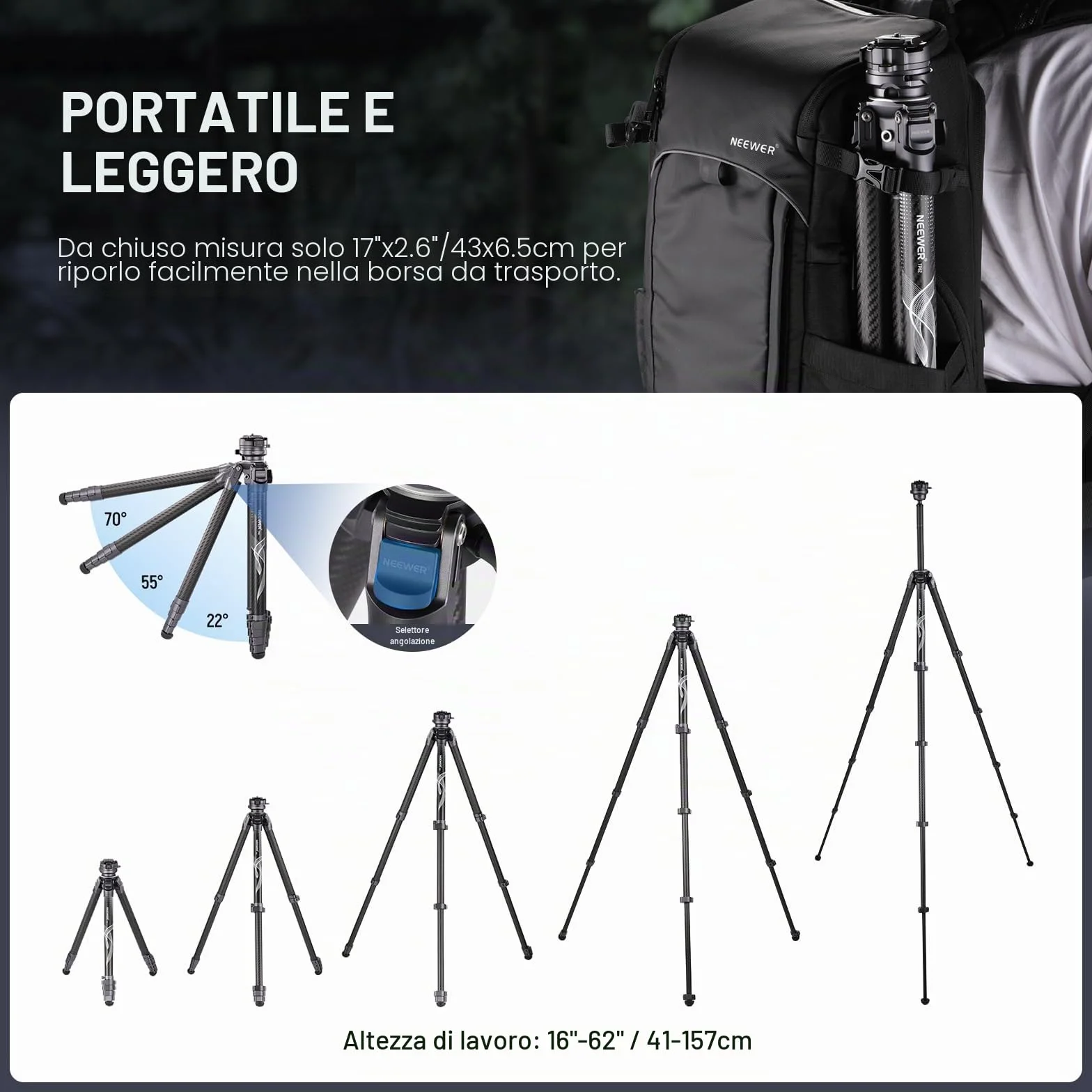 NEEWER Treppiede da Viaggio 62" Fibra di Carbonio con Livellamento ±15°Testa Pan 360°, Colonna Centrale Staccabile, Rilascio Rapido Arca Compatibile con Peak Design Piastra Treppiede Capture V3,TP62