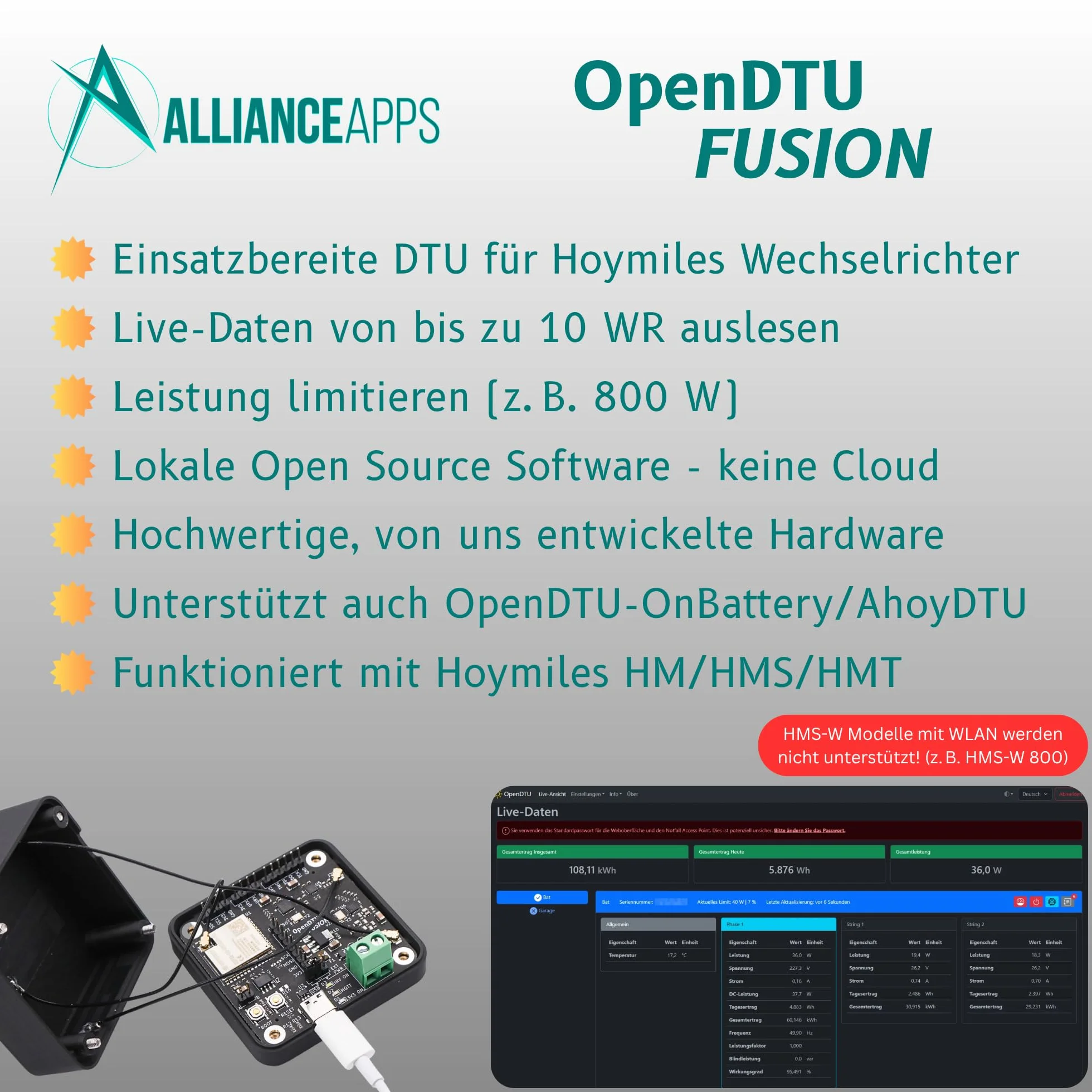 OpenDTU Fusion compatibile con inverter Hoymiles HM/HMS/HMT lettura centrale elettrica da balcone USB-C ESP32-S3 NRF24L01+ CMT2300A antenne interne