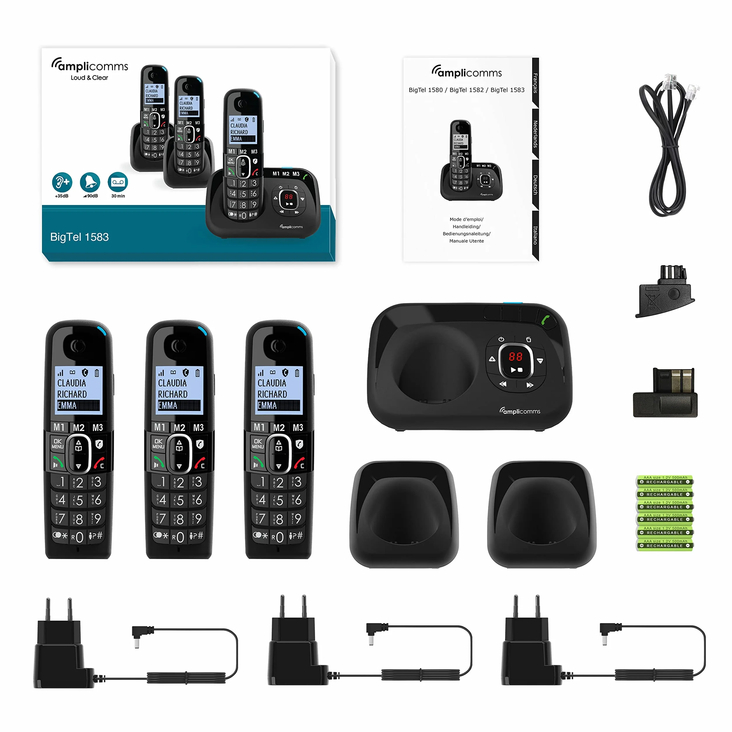 Amplicomms BigTel 1583 Trio Telefono cordless DECT con tastiera grande, amplificazione audio, suonerie forti, segreteria telefonica, compatibile con apparecchi acustici, protezione delle chiamate