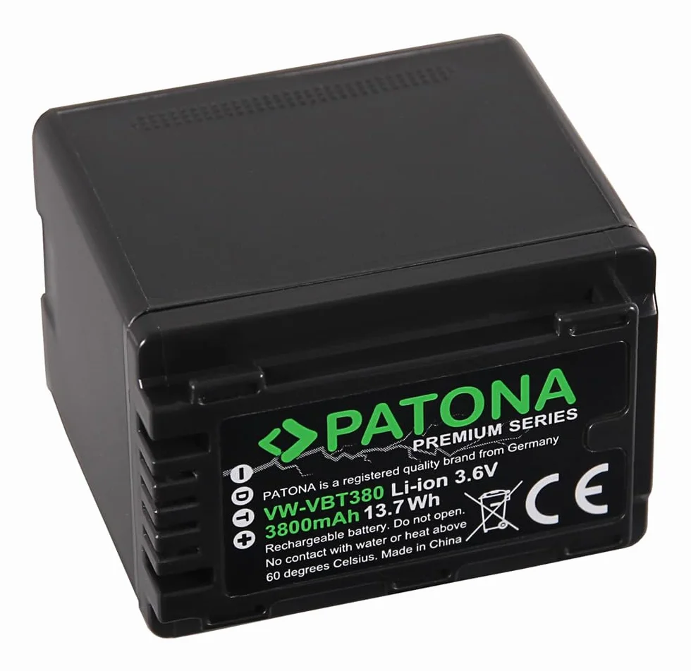 PATONA 2 batterie premium VW-VBT380 3800 mAh compatibili con Panasonic HC V110 V120 V180 V250 V380 V550 V750EB V770EB VX870 HC-VXf11 VXF999 WX979 HDC HS60 SD80. TM60 SDR H85 T50 VBT380 VBT380E