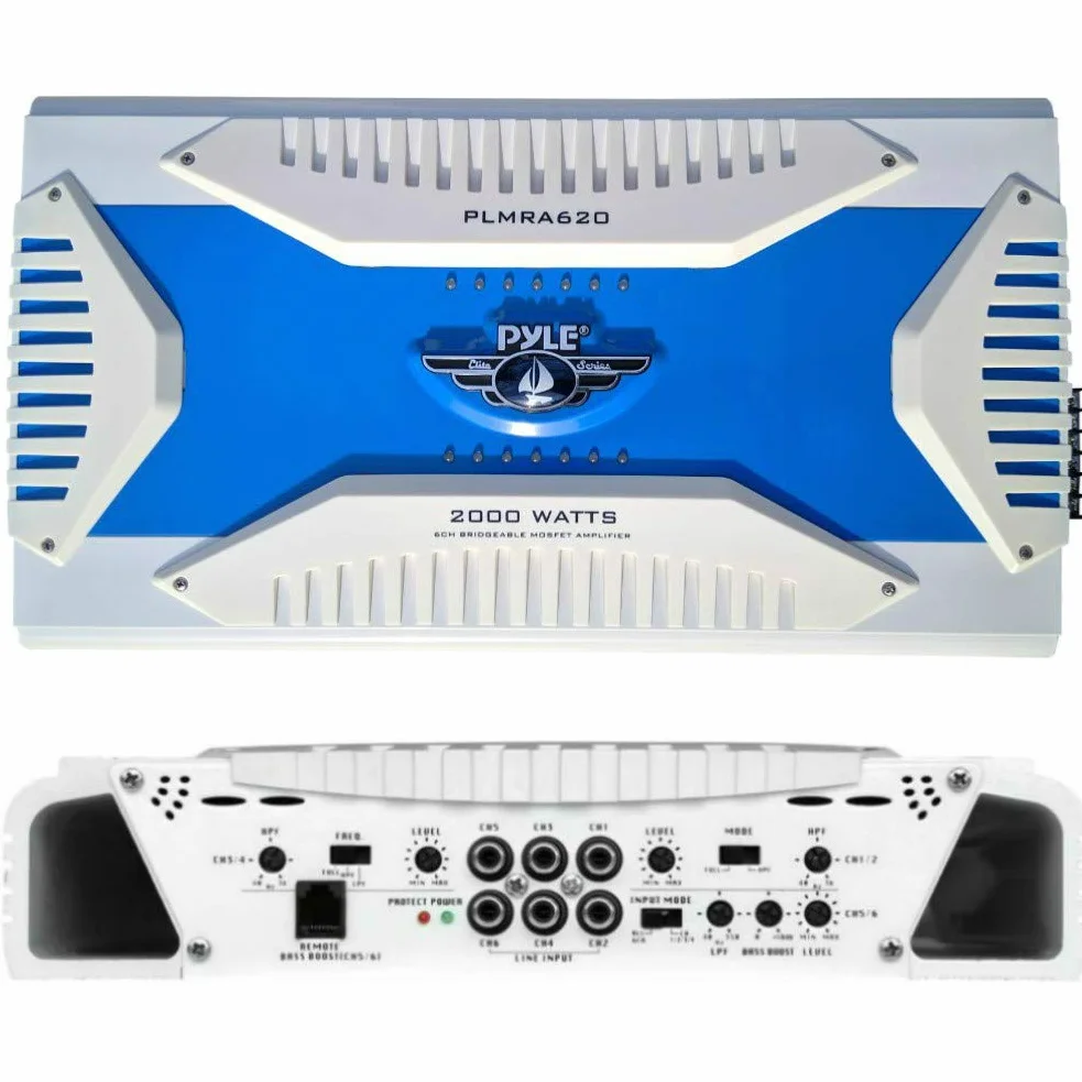 1 amplificatore marino 6 canali compatibile con PYLE PLMRA620 2000 watt max 4x175 + 1x400 watt rms stabile 2 ohm barca bass boost 0 +/- 18 db, 1 pezzo