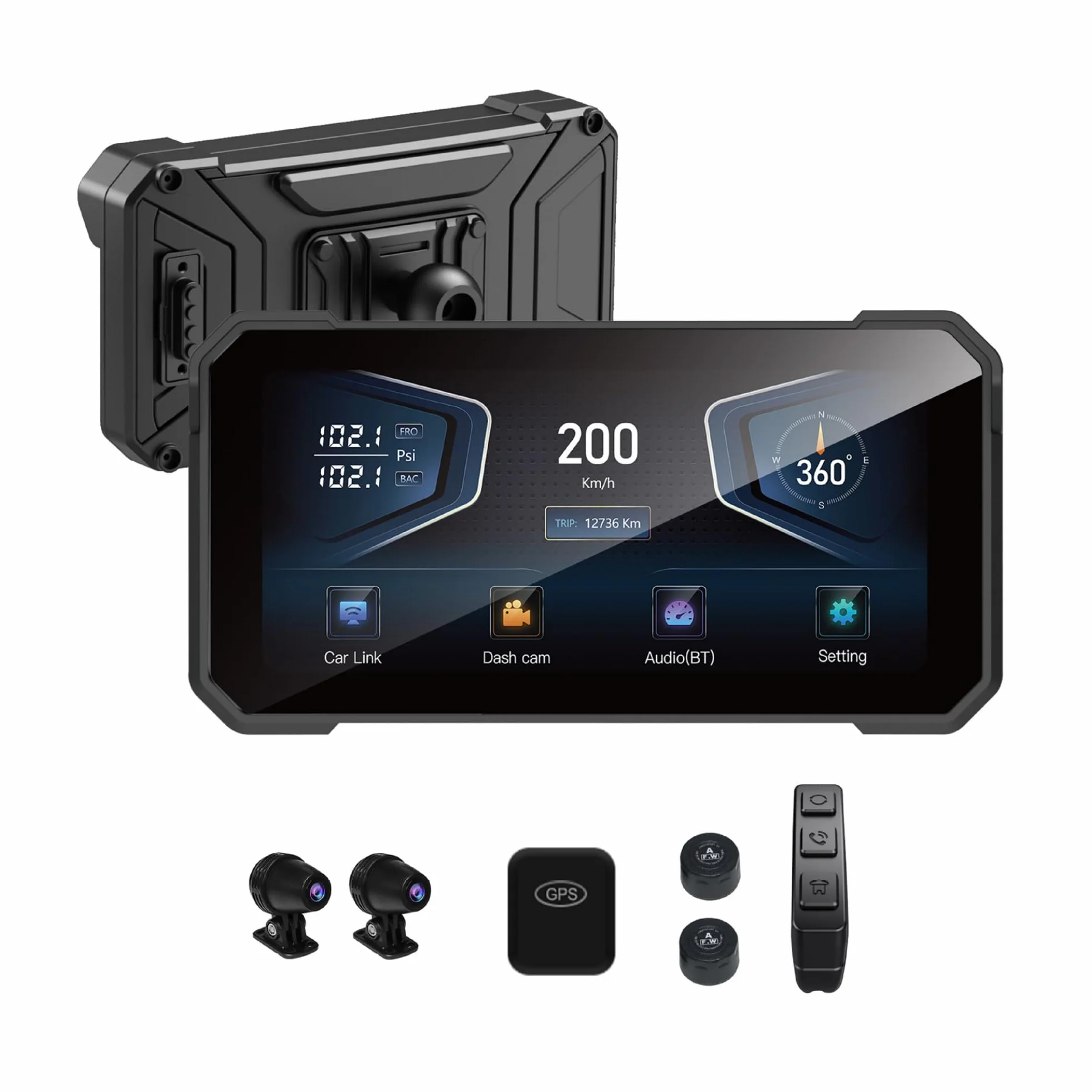 Navigatore GPS Moto 6,2 Pollici Doppia Fotocamera CarPlay Wireless Android Auto Impermeabile IPX6 TPMS BT5.0