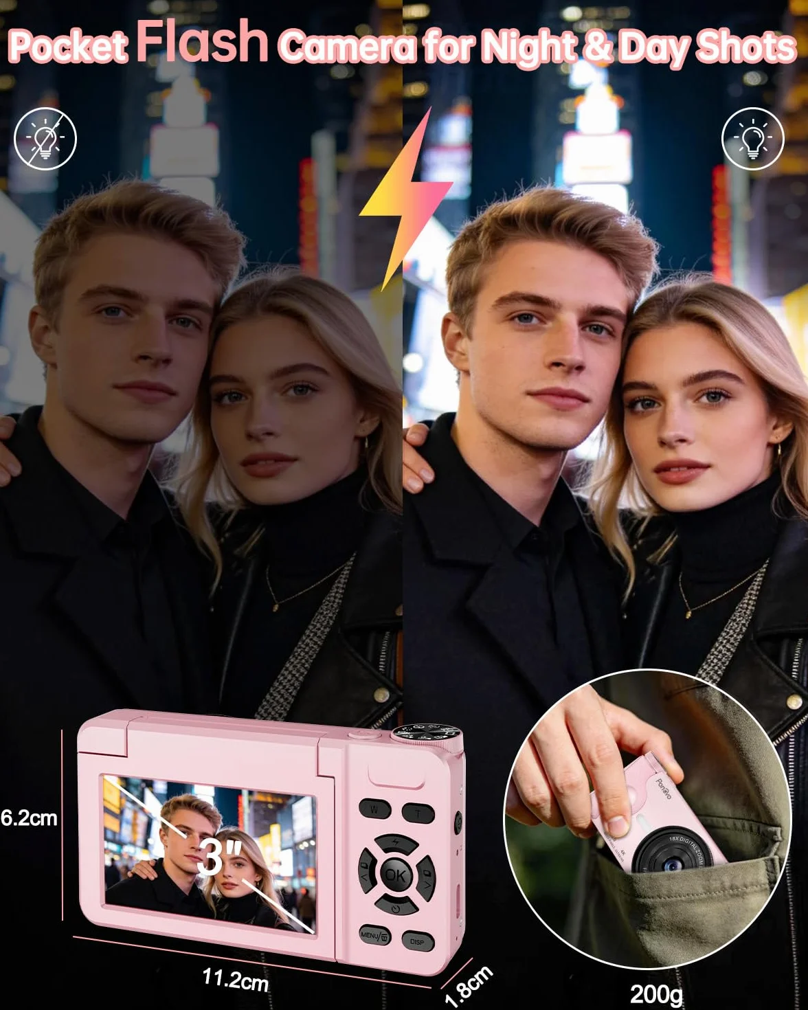 Fotocamera Digitale 4K Videocamera con Schermo 3" Rotante 180° per Vlog, Ponovo Macchina Fotografica Compatta 64MP Autofocus con Zoom Digitale 18X, 2000mAh Fotocamera Portatile 32GB per Studenti Festa