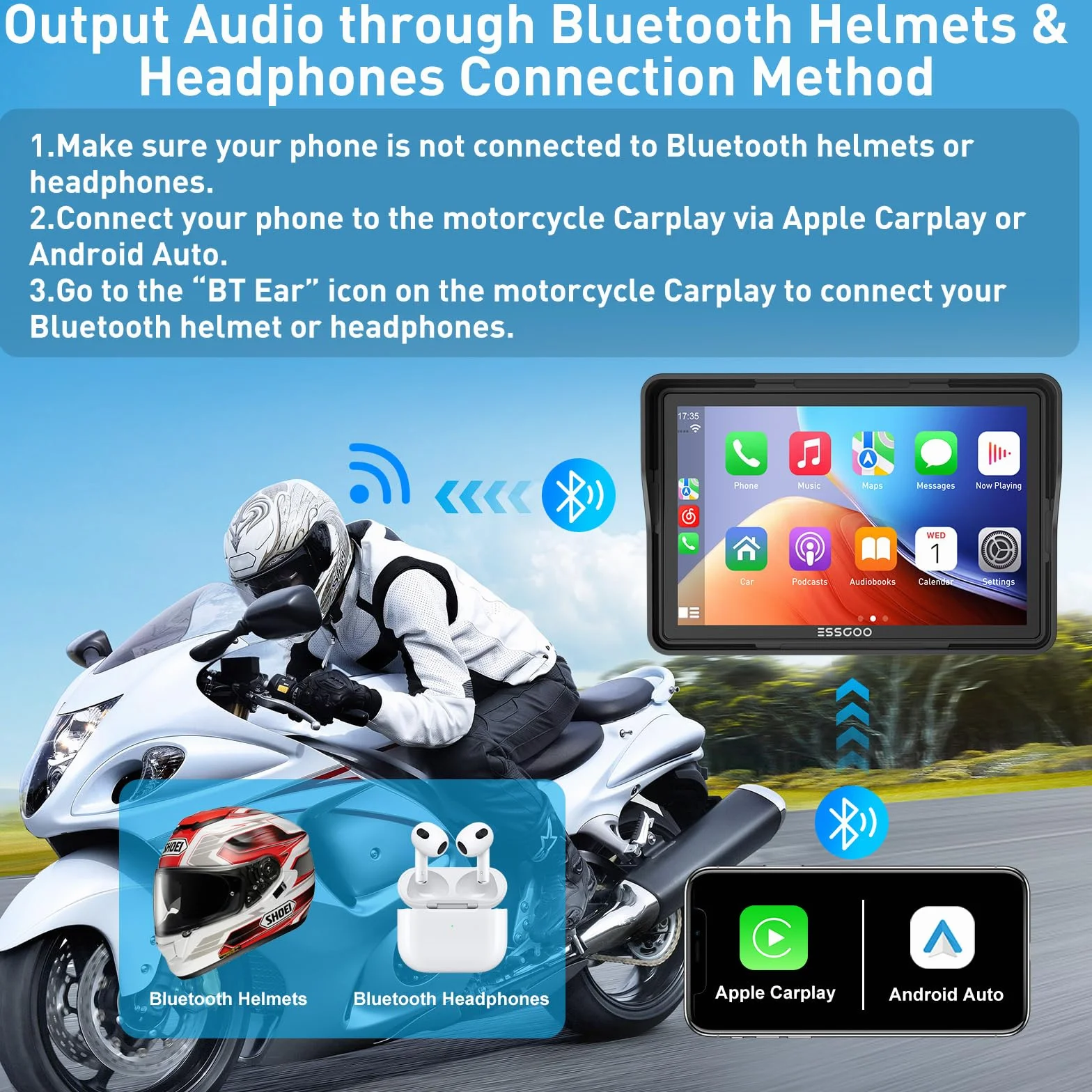 ESSGOO CarPlay moto wireless 5 pollici schermo touch impermeabile GPS Bluetooth Android Auto