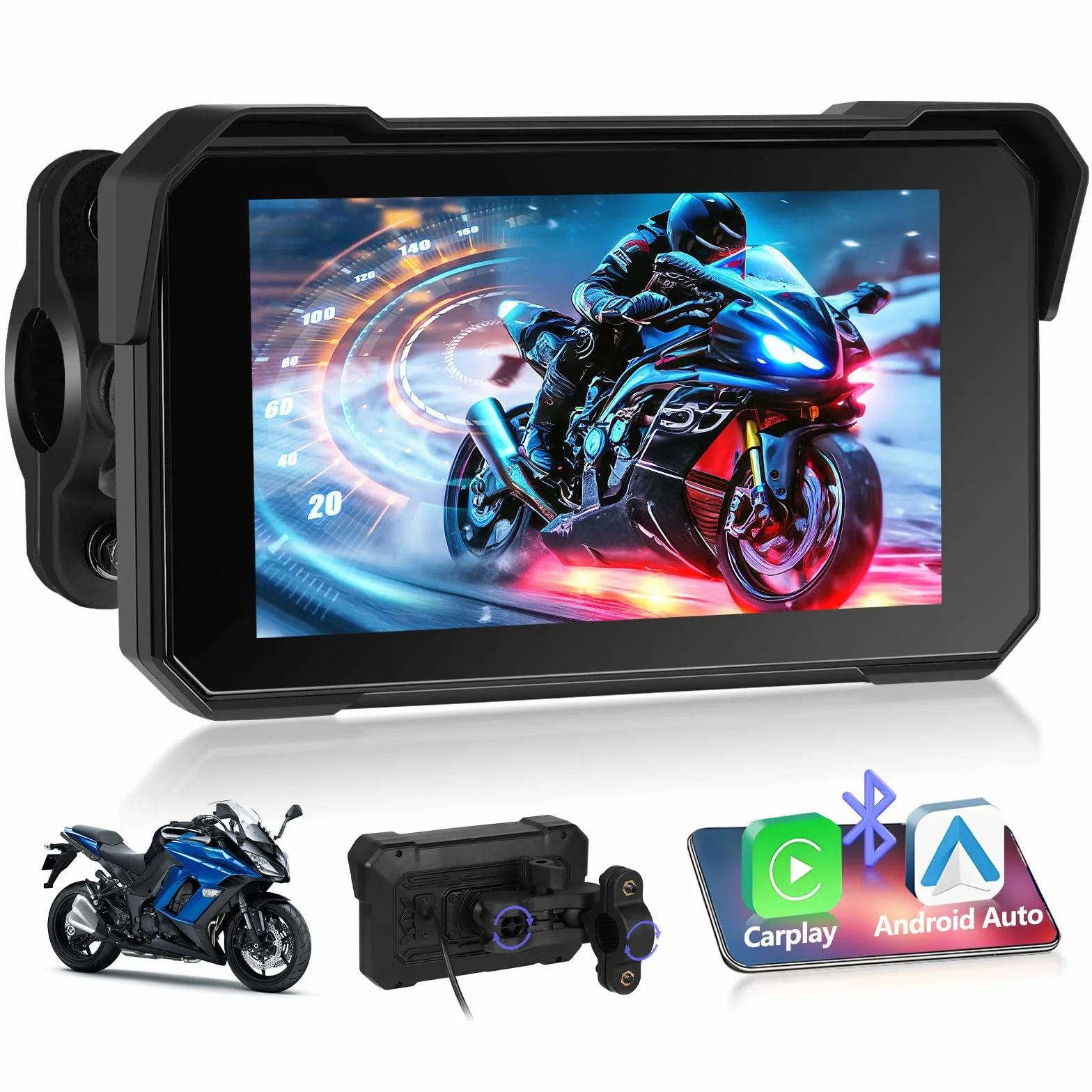Navigatore Moto Wireless con Apple CarPlay Android Auto, IP68, Touchscreen 5 Pollici HD, GPS, Bluetooth 5.0