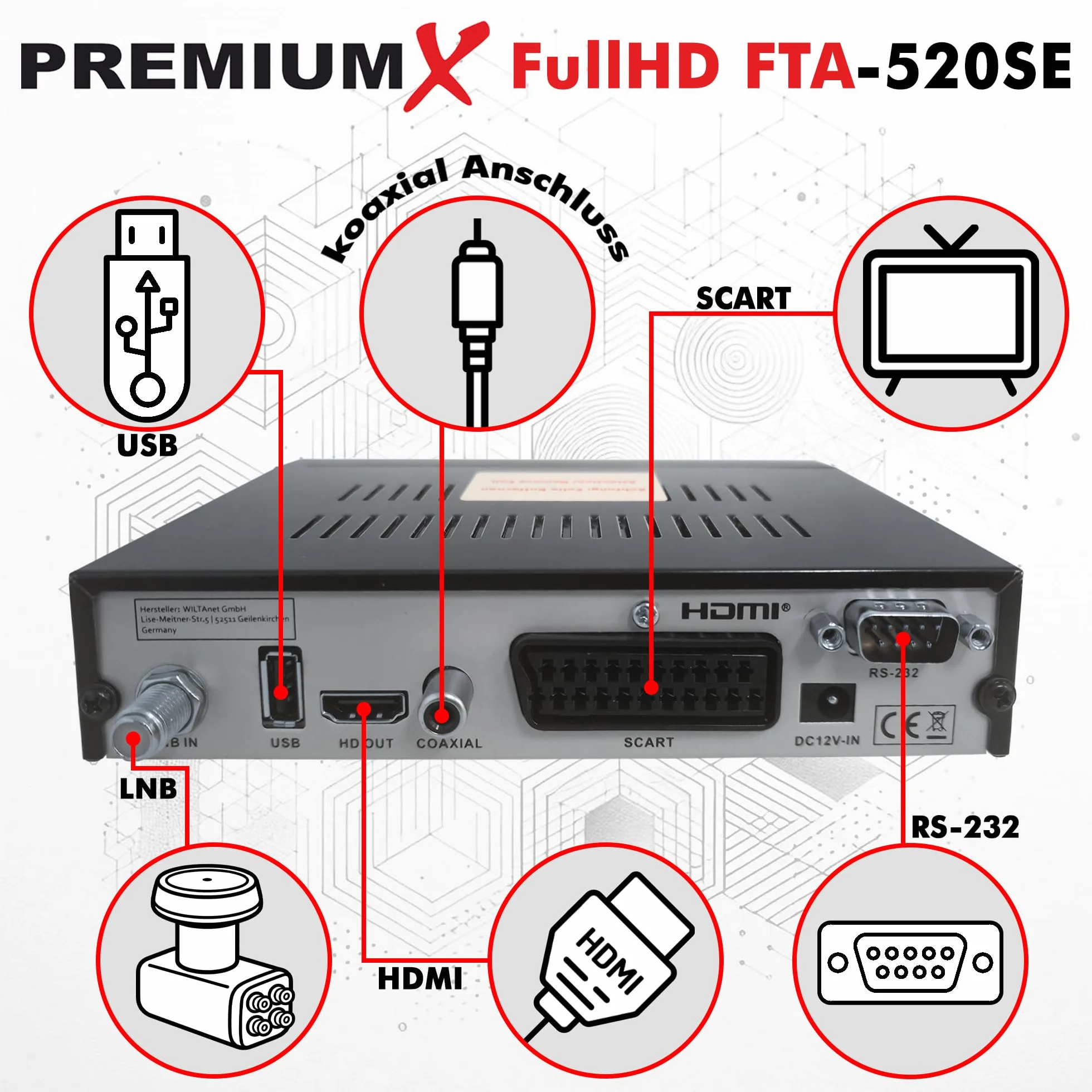 PremiumX Ricevitore satellitare HD 520SE FTA Digital SAT TV Receiver DVB-S2 FullHD HDMI SCART USB lettore multimediale, Astra Hotbird preprogrammato