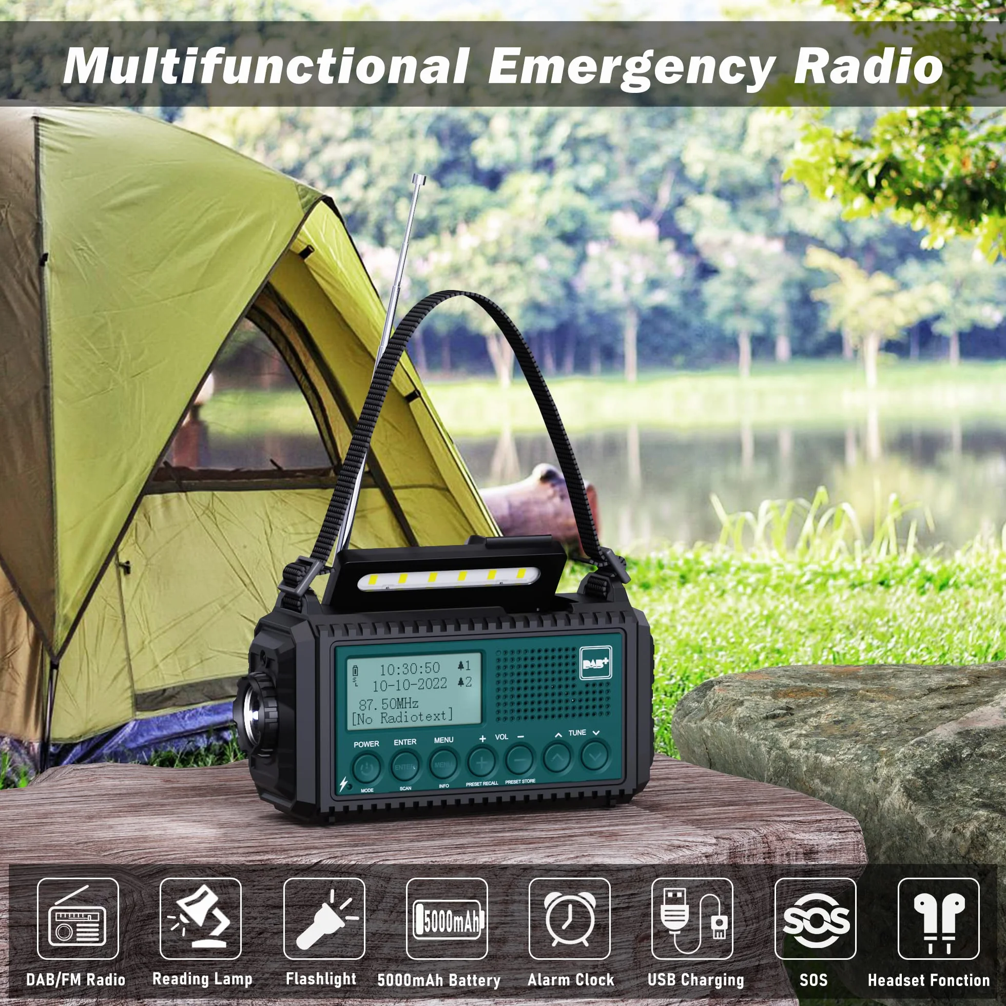 Radio DAB+/DAB/FM Con Batteria Ricaricabile 5000 mAh, Emergenza Con Torcia Elettrica, Campeggio Portatile Con Ricarica USB, Dinamo Allarme SOS, per Escursionismo