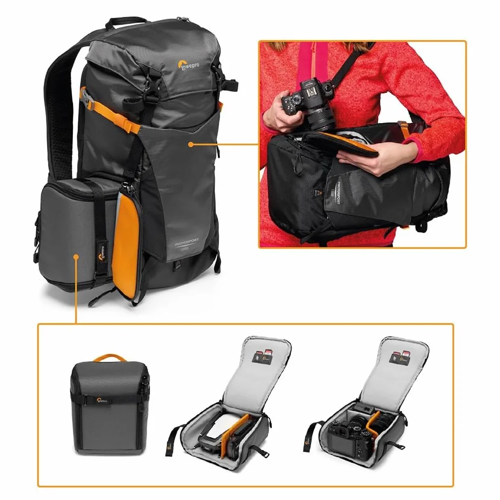 Lowepro PhotoSport BP 15L AW III, Zaino Fotografico da Hiking con Accesso Laterale, Inserto per Fotocamera Mirrorless Rimovibile, Sistema di Cinghie per Accessori, Grigio, Compatibile con Sony α6000