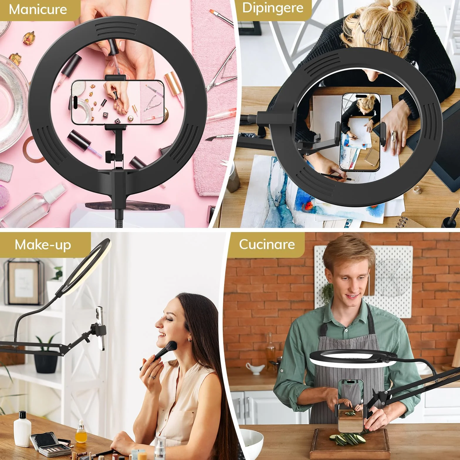 Kit luce anulare TONOR, luce anulare da 10" con braccio Heayy Duty e supporto per telefono, angolo regolabile, adatta per registrazione video, streaming live, disegno, trucco per unghie
