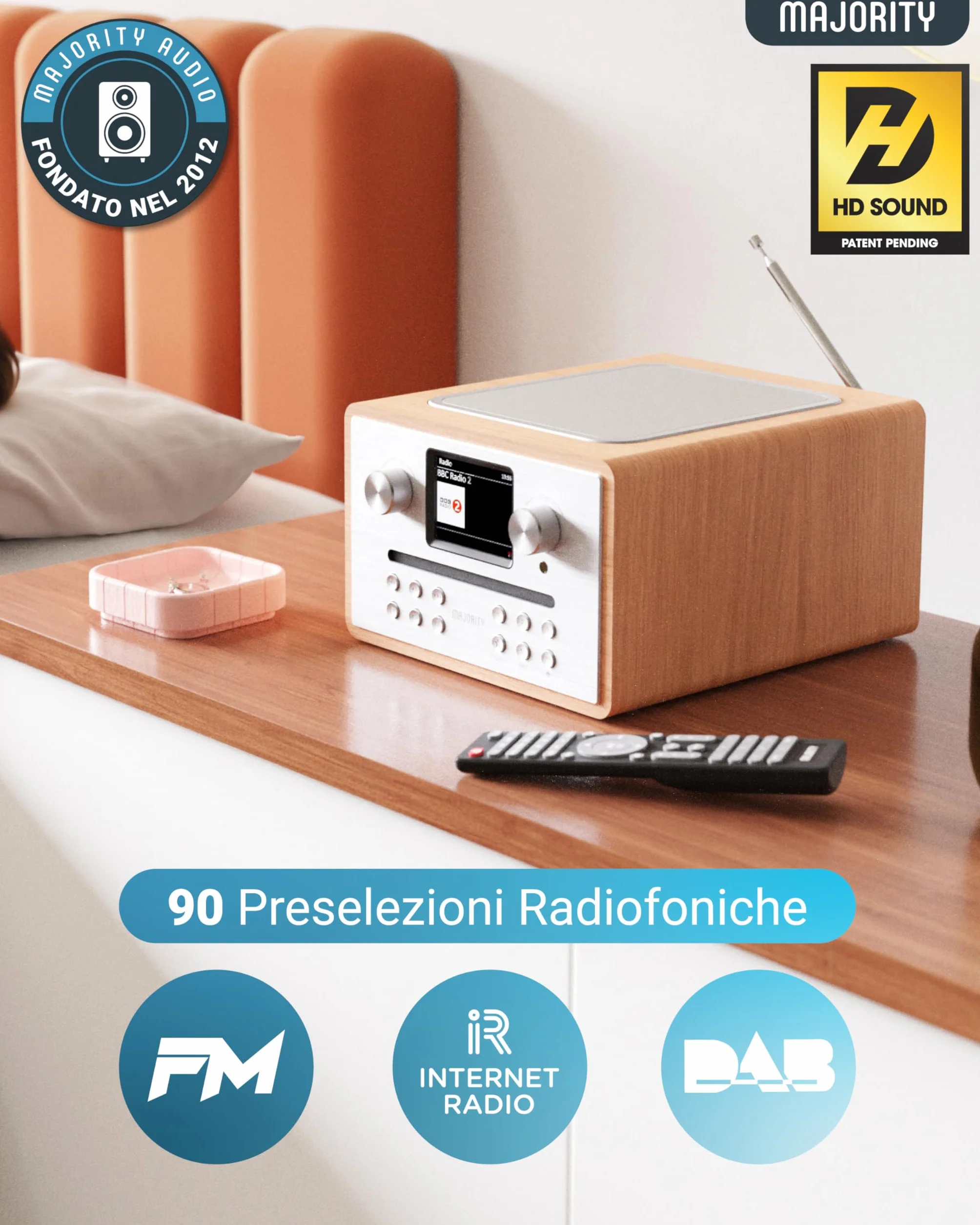 Majority Homerton 2 Internet, DAB, radio FM e lettore CD | 40 preset radio | Plug and Play universale | Spotify & Podcast | Radio Dab con Bluetooth, radio Wi-Fi, radio Internet | Oak