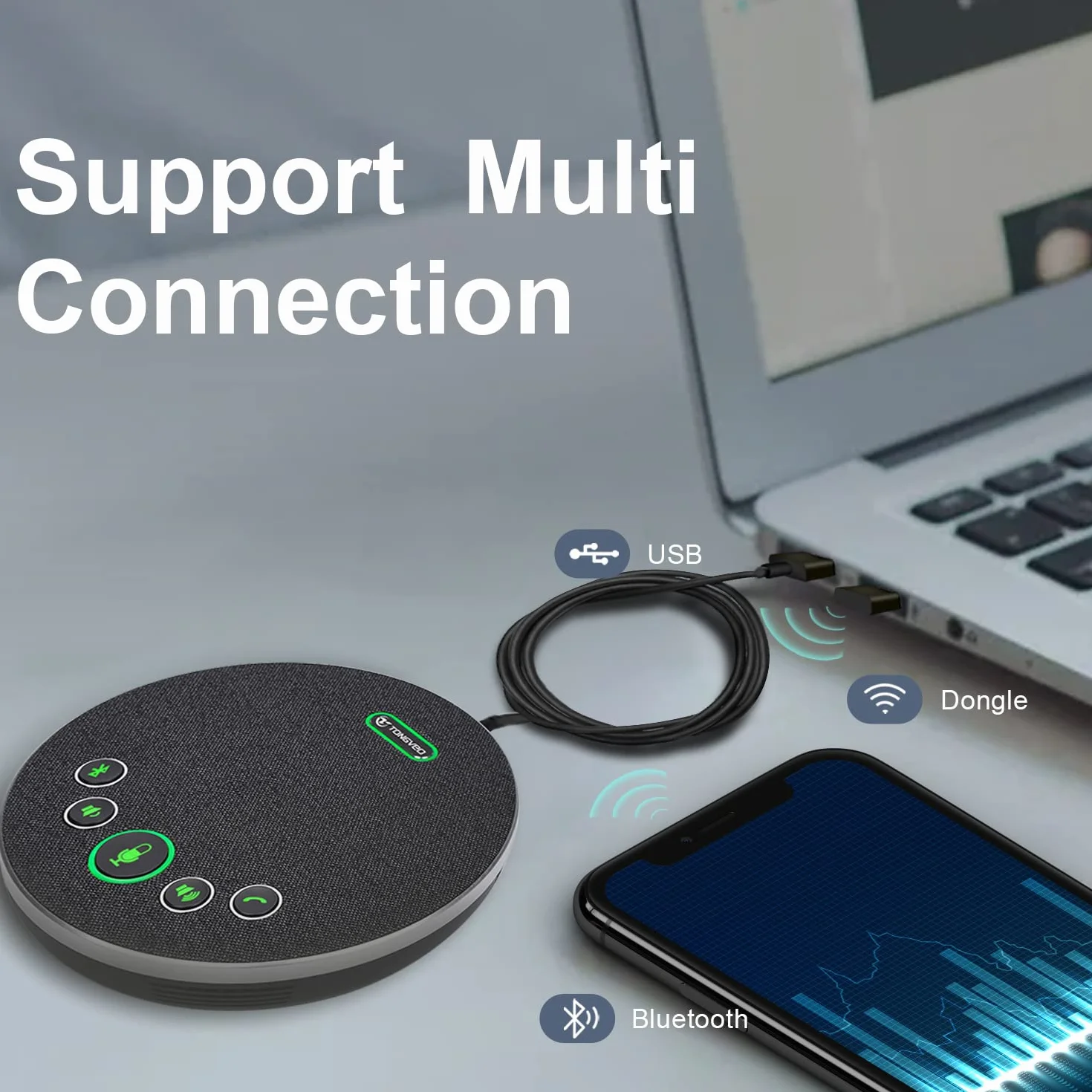 TONGVEO Altoparlante Bluetooth vivavoce USB, registrazione 360°, 4 microfoni AI, 8 ore conversazione 8-12 persone