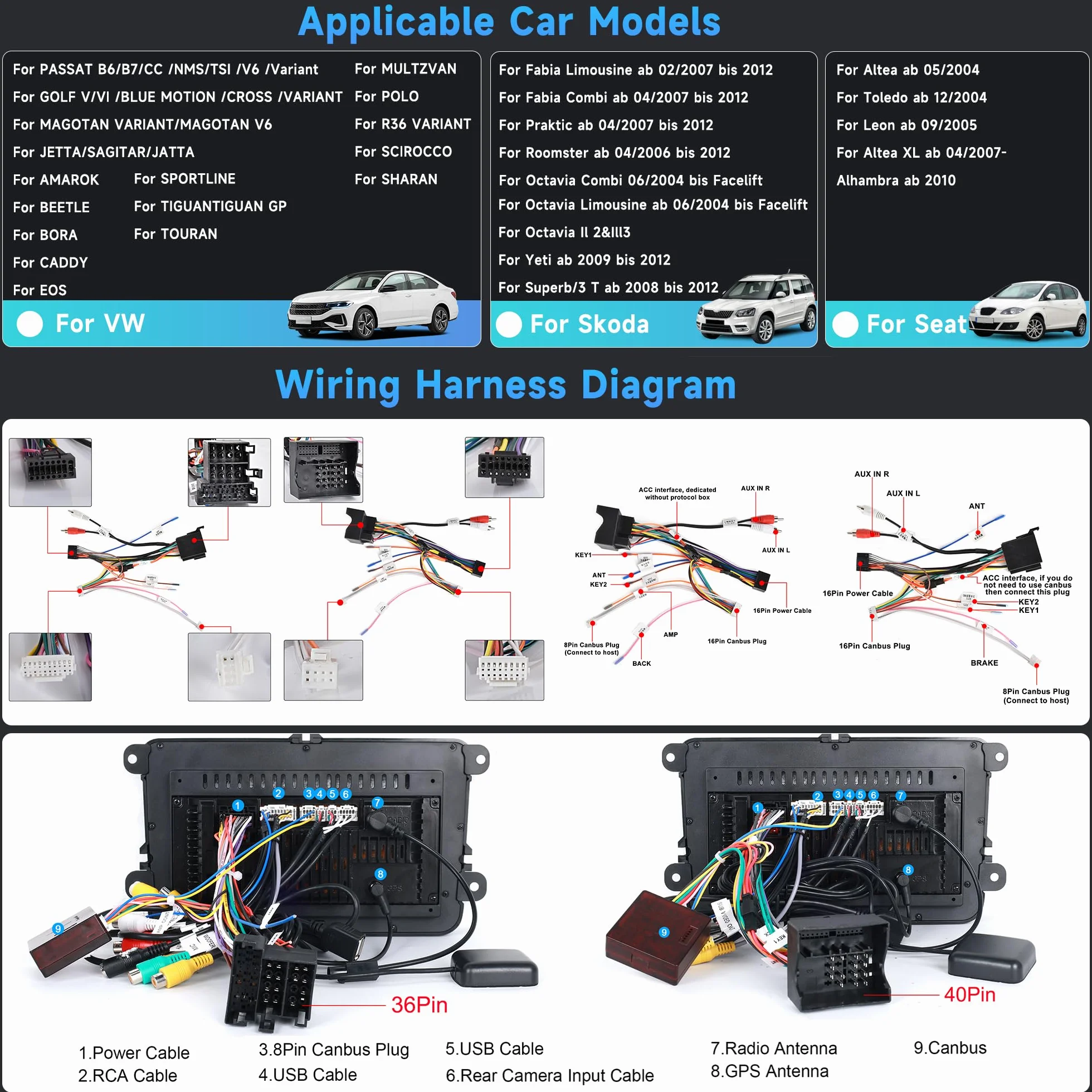 2G+64G Android Autoradio per VW Golf 5 6 Passat Polo Tiguan Touran Caddy Skoda Seat 7 Pollici Wireless Carplay Autoradio con Android Auto GPS Navi WiFi Bluetooth FM/RDS Telecamera Posteriore