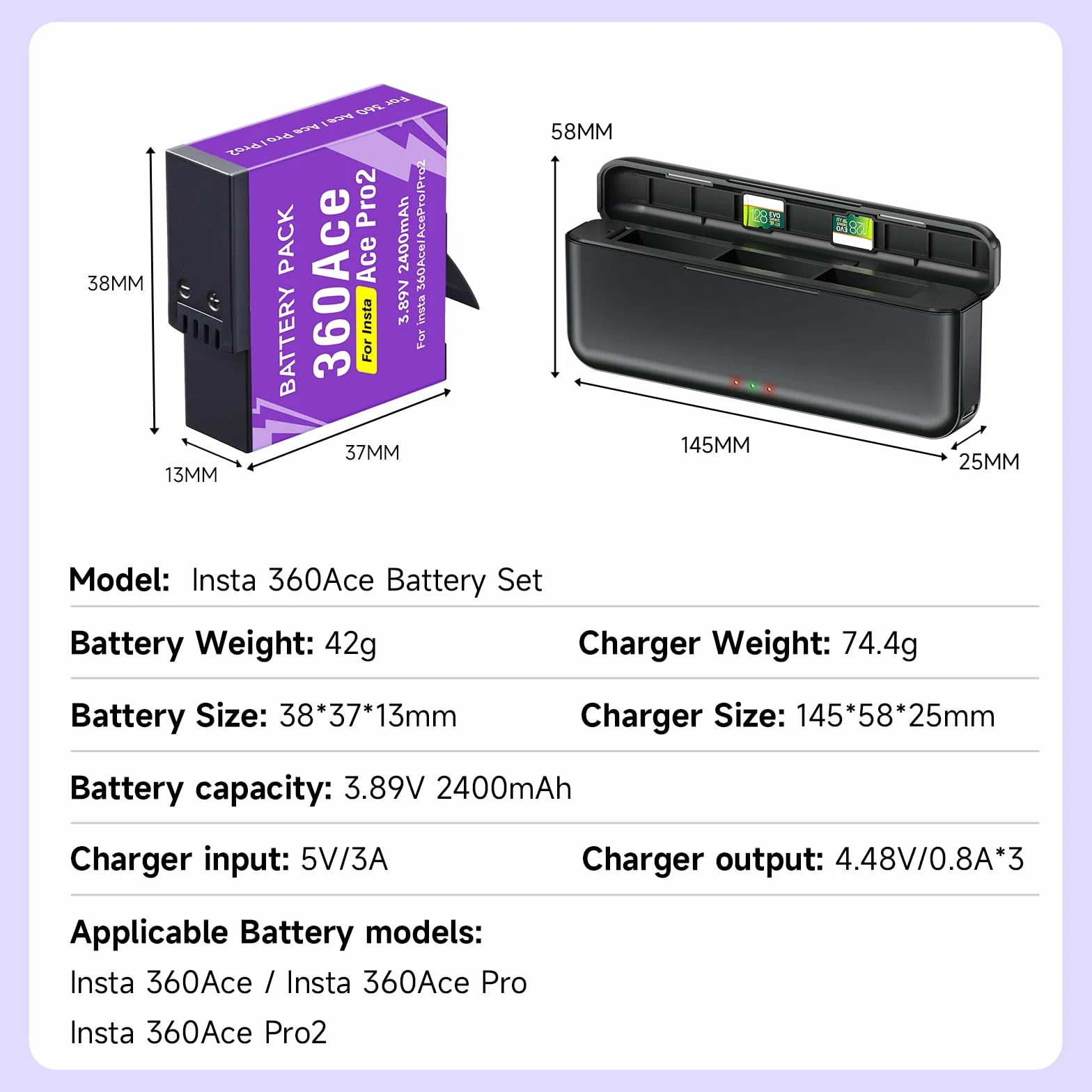 CITYORK Caricabatterie a 3 slot e 2 batterie da 2400 mAh compatibili con Insta360 Ace/Ace Pro/Ace Pro 2, batteria di ricambio per Insta360 Ace/Ace Pro Kit caricabatterie con display LED e cavo USB
