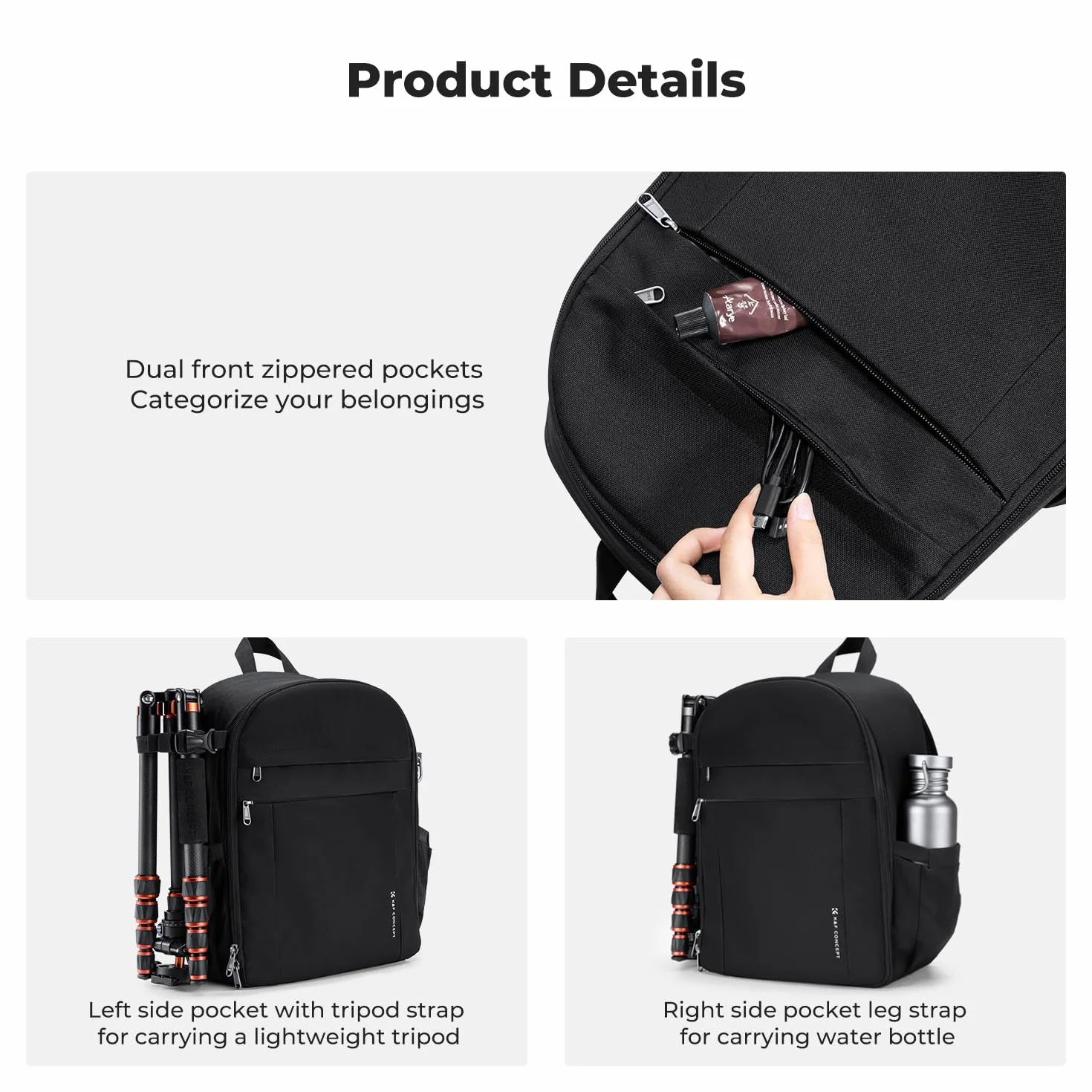 K&F CONCEPT Zaino per Fotocamera Compatto, Zaino Fotografico con Parapioggia, scomparto per laptop per obiettivi reflex treppiedi