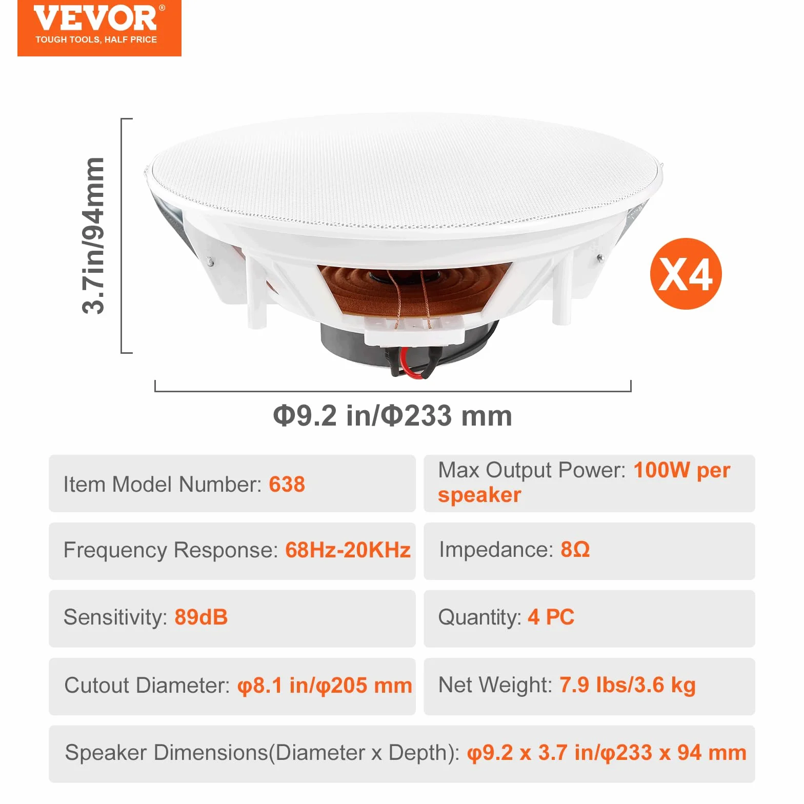 VEVOR Altoparlanti da Soffitto 205 mm 100 Watt 8Ω Sensibilità 89dB 4 Pezzi