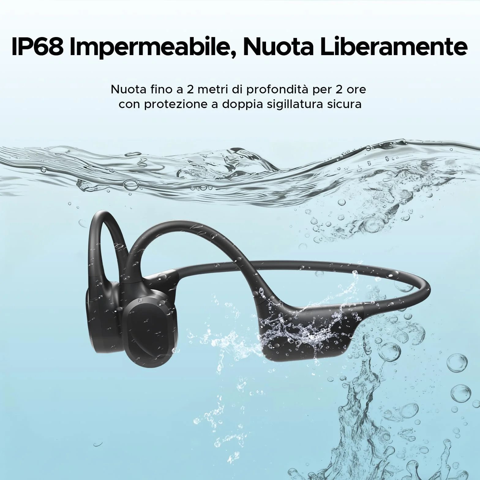 Cuffie Conduzione Ossea IP68 Impermeabili per Nuoto, Auricolari Sportive Bluetooth 5.4, MP3, 32GB, Comodo Silicone, Open-Ear per Corsa, Ciclismo, Palestra,Nero