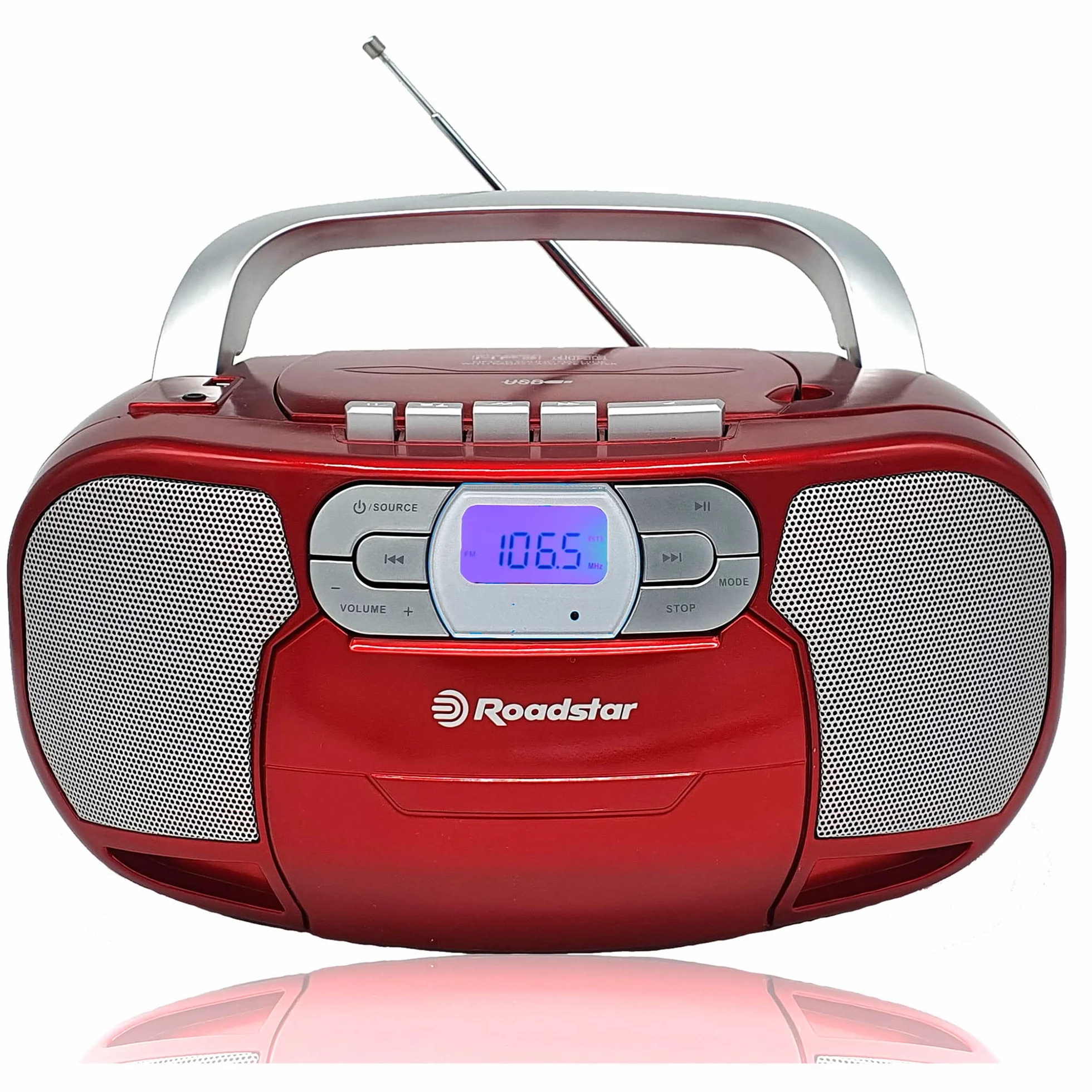Roadstar RCR-4635UMP/RD Radio CD Portatile Cassette, Radio Digitale PLL FM, Boombox Lettore CD-MP3, USB, AUX-IN, Uscita cuffie, Rosso