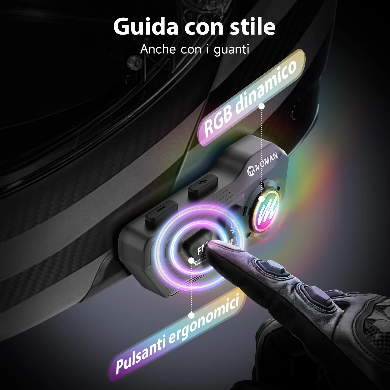 Moman Auricolare Casco Moto-1000mAh Batteria, RS-H4P Cuffie Casco Moto Doppia Riduzione del Rumore con Hi-Fi Microfono Morbida/Dura FM/RGB/IPX6/Controllo Musica/Vocale AI Auricolari Moto Per Singola