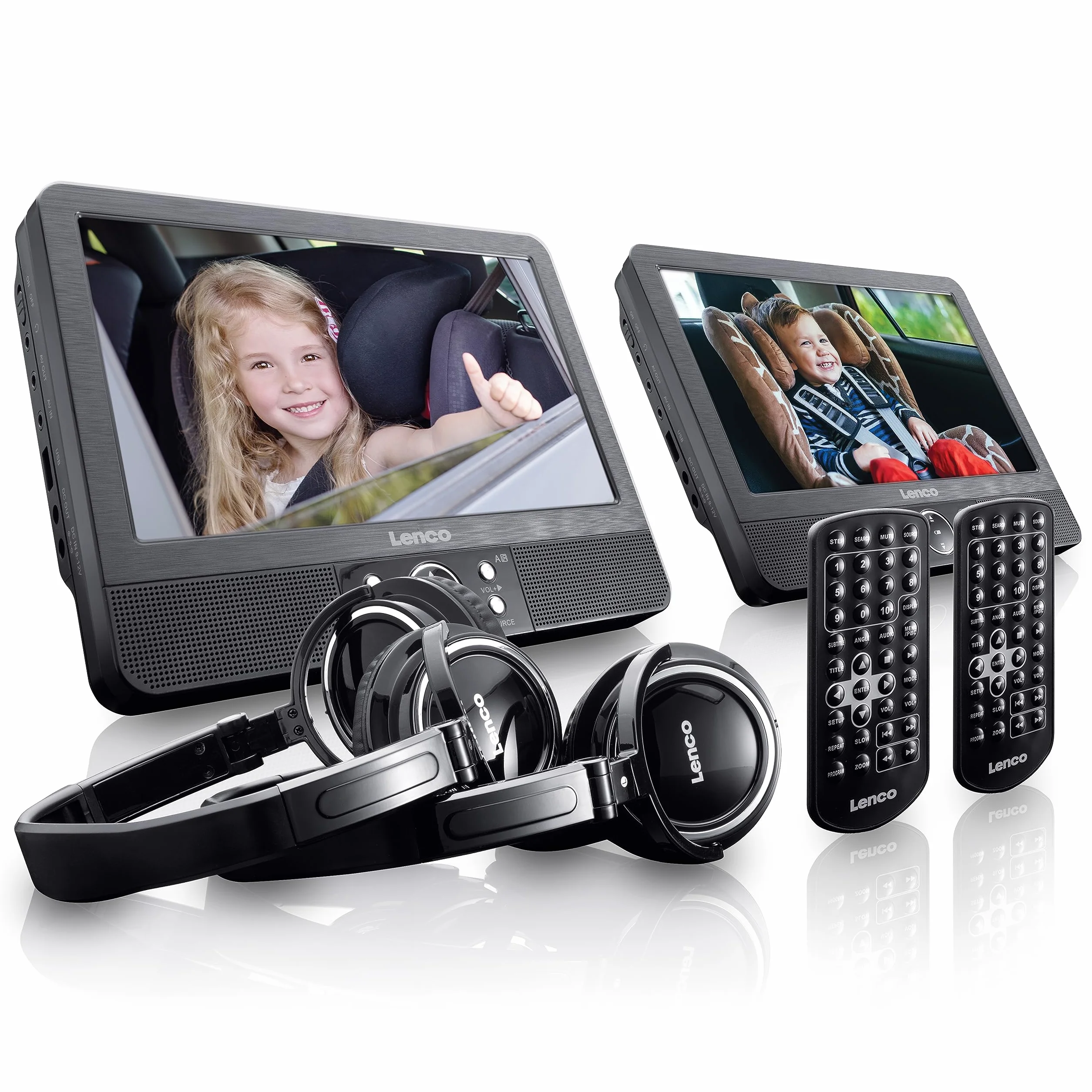 Lenco DVP-939 - Lettore DVD portatile da 2 x 9 pollici con 2 cuffie e 2 supporti per poggiatesta - batteria ricaricabile integrata - ingresso USB - lettore di schede SD - nero