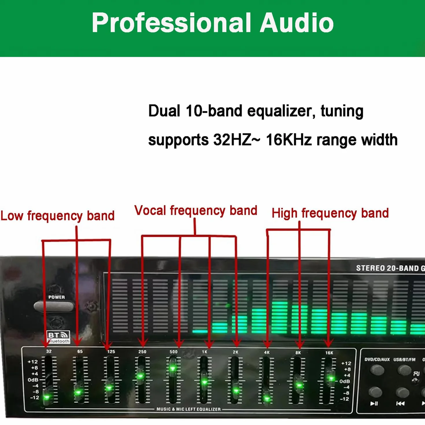 Equalizzatore Digitale a 31 Bande, EQ Grafico Stereo, Analizzatore Di Spettro Musicali, Decodifica Audio Digitale Coassiale Ottica Coassiale, Riduzione Del Rumore, Per Lo Studio Di Registrazione