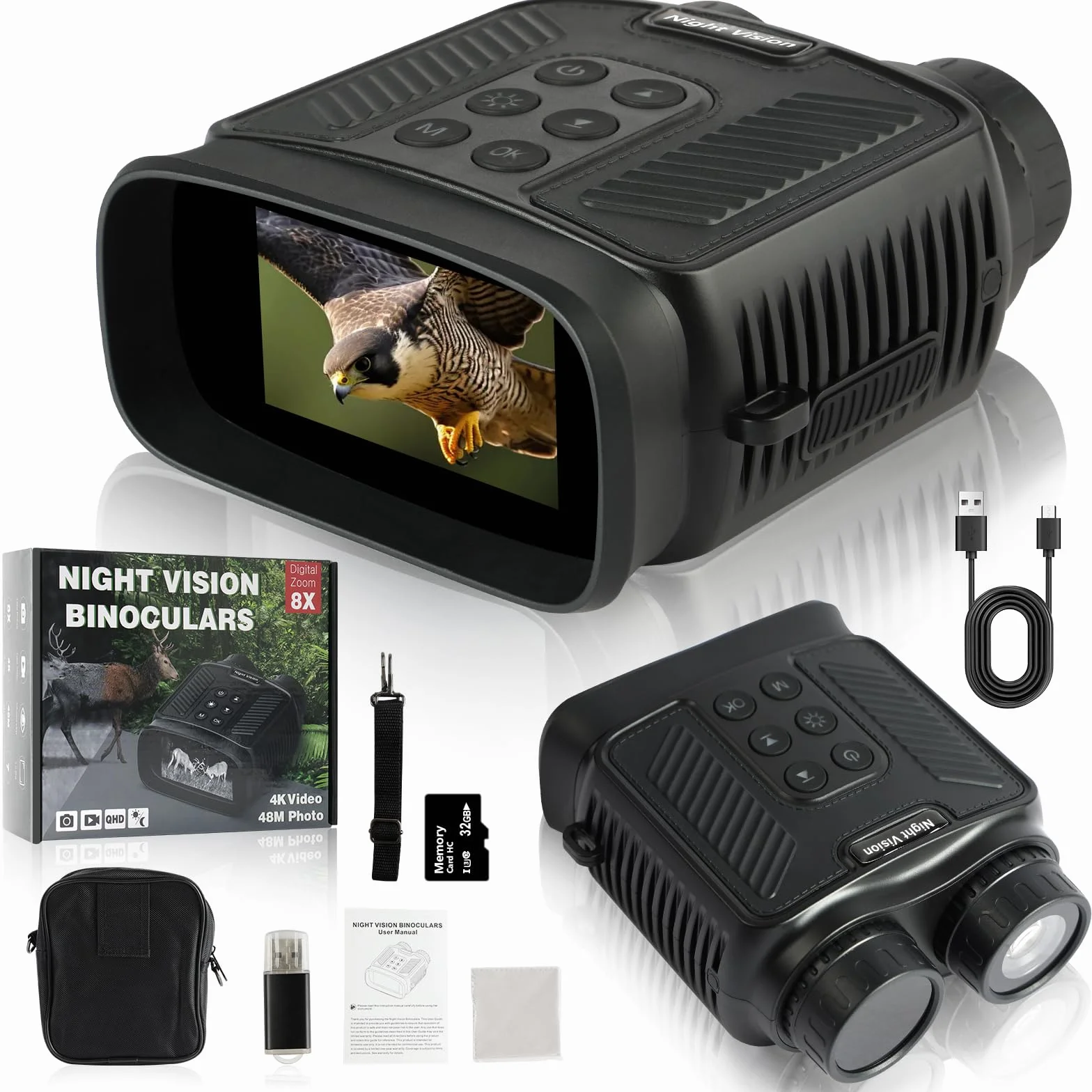 Vicloon 4K Binocolo Visione Notturna, Ricaricabile 5000mAh 8X Zoom Digitale, Visibile 300M, 3" HD Schermo, 7-Livelli Infrarossi, Militare Binocolo Notturno per la Caccia Campeggio, 32GB