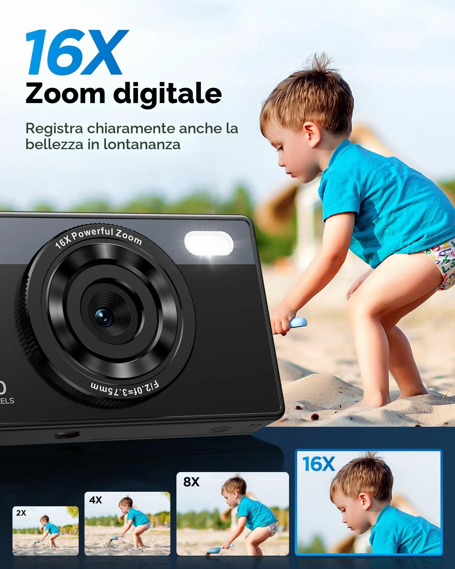 Fotocamera Digitale Bambini Compatta 64GB: 48MP Fotografica Anti-Shake Fotocamera Vlogging per YouTube 16X Digital Zoom Photo Filtrazione Ripresa Continuo Automessa a Fuoco Fotocamera