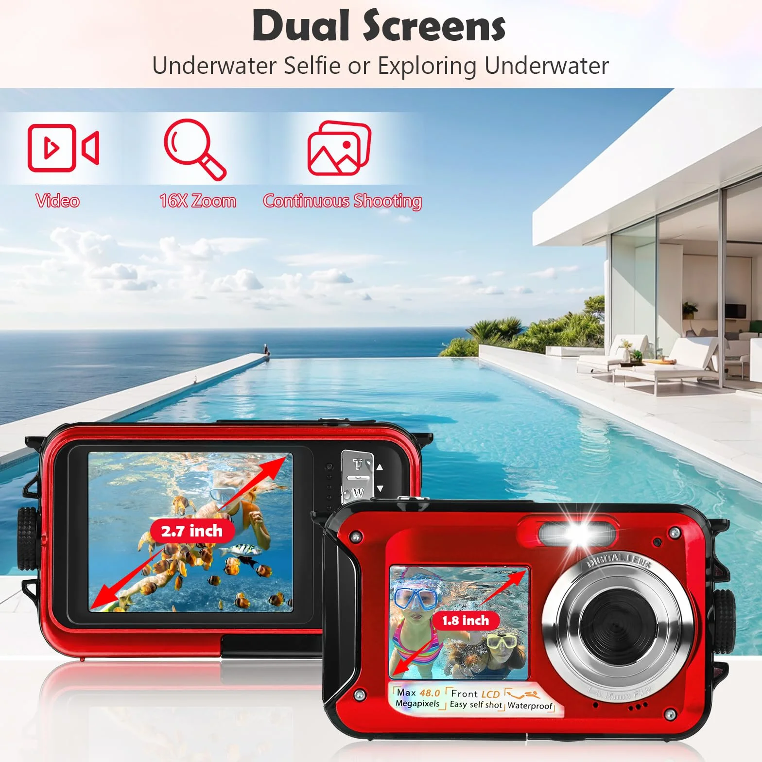 Macchina Fotografica Subcquea, Comius Sharp Fotocamera Subacquea Digitale 10FT 30MP Photo FHD Video 16X Digital Zoom con Scheda di Memoria da 32G per Selfie Subacquei, Immersione, Nuoto