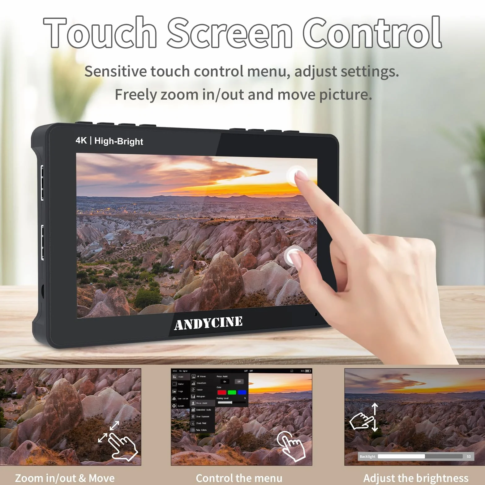 ANDYCINE A6 II 5.5 "Monitor della fotocamera, 1600 Nit 4K 60Hz HDMI HDR Touchscreen, 1920x1080P FHD DLSR Video Field Monitor, supporto forma d'onda 3D LUT Peaking Focus (con batteria, custodia per il