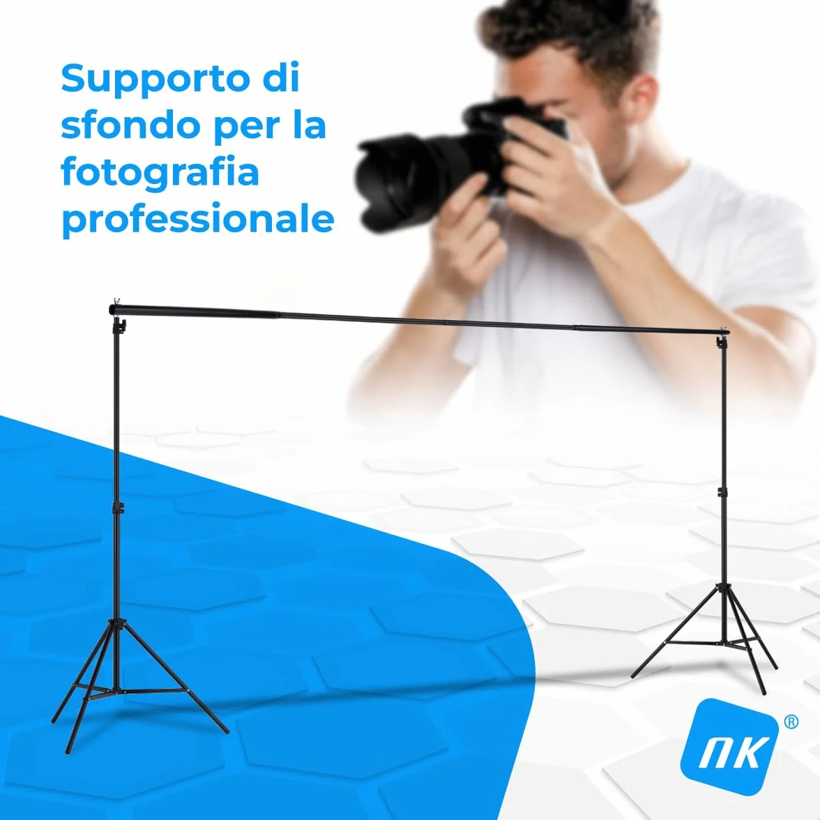 Supporto per fondale fotografico professionale NK 2 x 3 metri, regolabile e retrattile, 2x treppiede, 1x barra trasversale interconnessa, 6x mollette, 4x fascette laterali in velcro, 1x borsa
