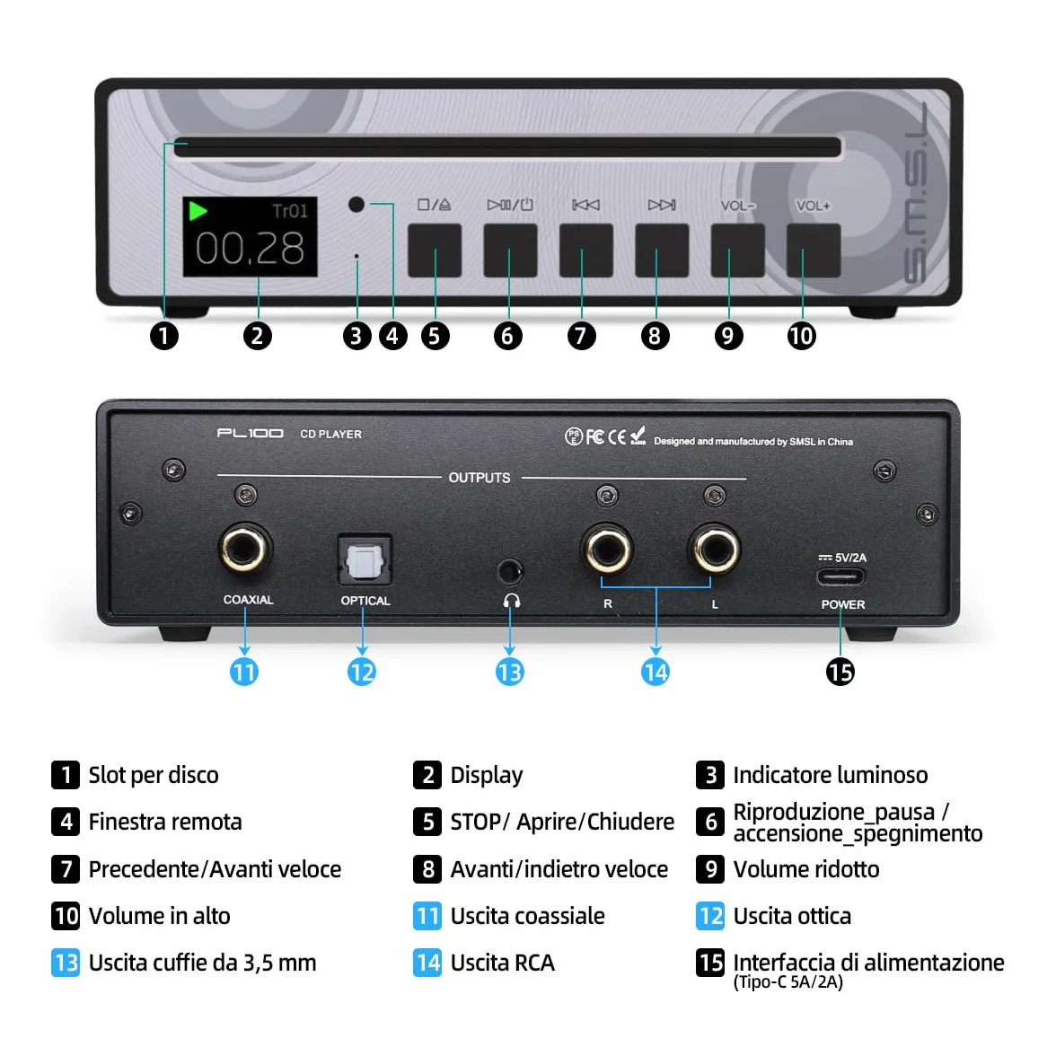 SMSL PL100 Lettore CD per casa, Chip CS43131, Supporto C D-R/C D-RW/MP3, Uscite RCA/3.5mm Cuffie Jack/Ottico/Coassiali Digitali (Nero)