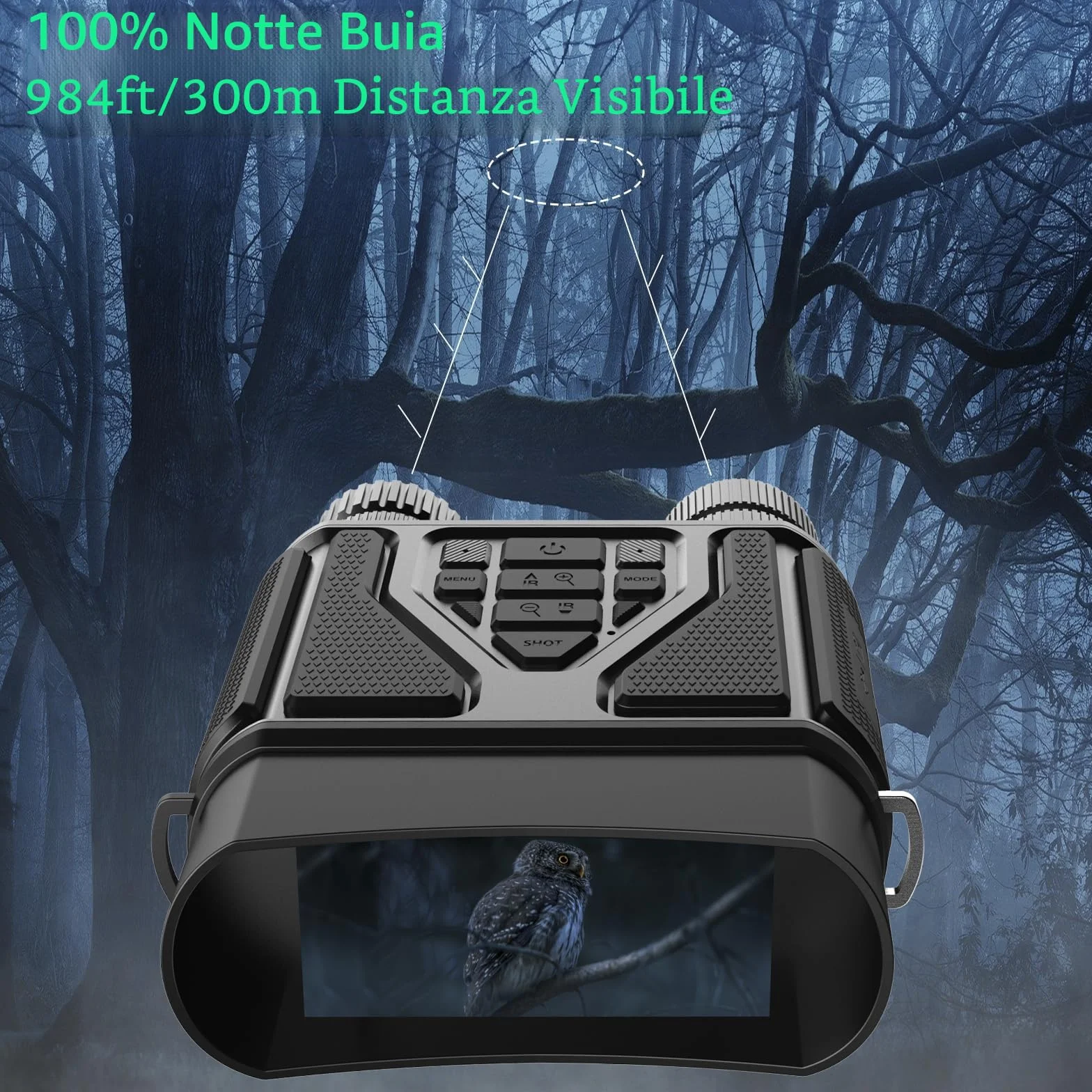 Binocolo Visione Notturna, 32 GB Scheda di Memoria Visore Notturno 3" TFT 8X Digitale Zoom 7-LIVELLI Infrarossi Vista 300M al 100% Buio per la Caccia Osservazione Uccelli e Campeggio