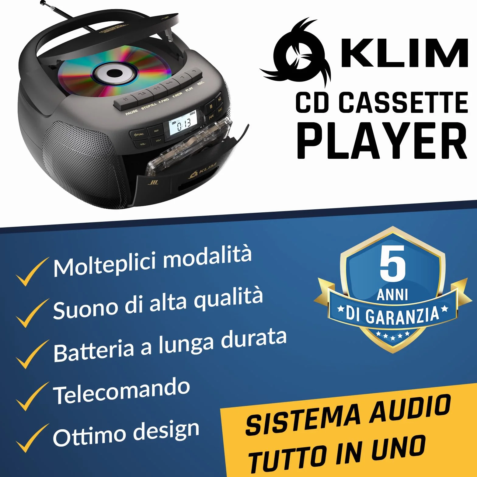 KLIM Lettore CD - Lettore Cassette Audio, AM/FM Radio Bluetooth, Stereo CD Player, Remota, Registrazione Su Nastro, USB Drive, AUX, Radio Stereo Casa Alimentazione AC/DC - Nero/Oro