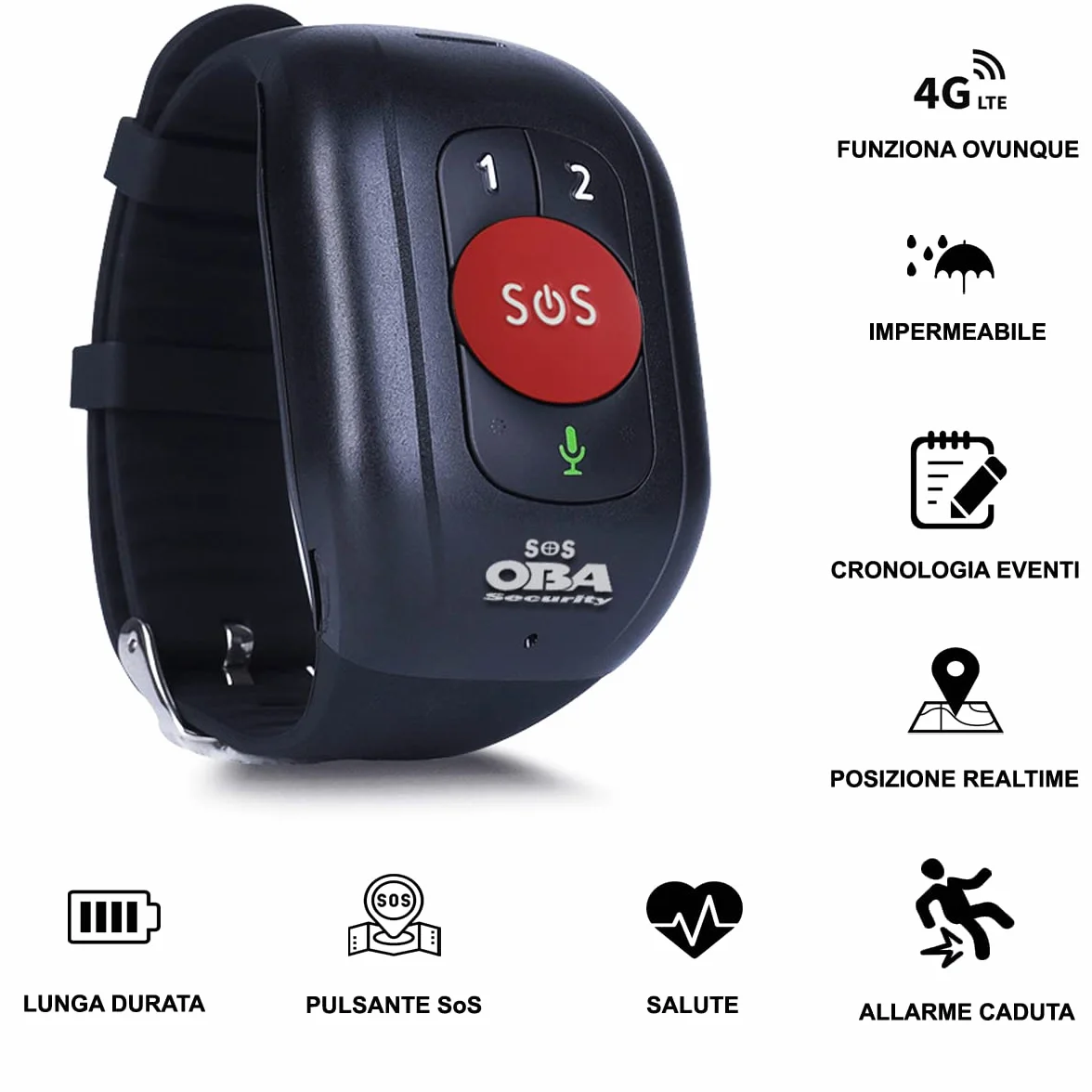 Bracciale sos anziani salvavita GPS 4G wifi chiamate, cadute,Posizione GPS, Cardio,pressione,temperatura Waterproof IP 67 APP free (In allegato il file con le istruzione per configurare la sim)