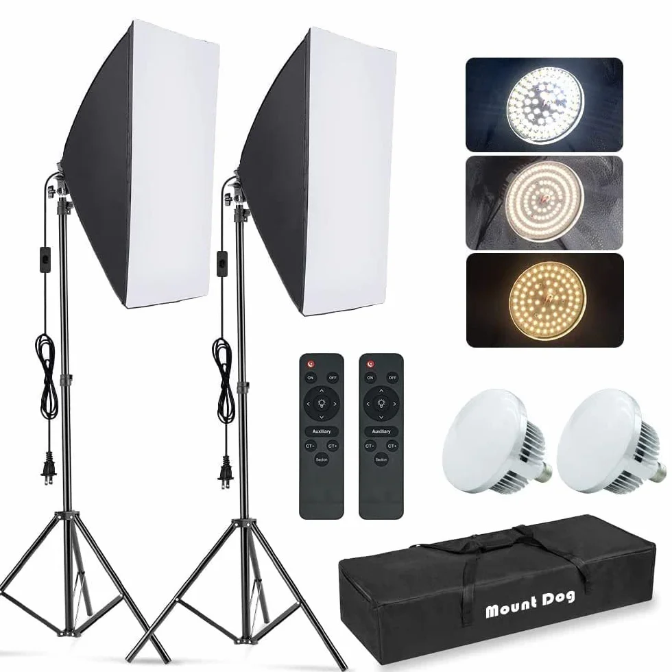 MOUNTDOG Softbox Kit di illuminazione per studio fotografico, luce continua con presa E27 da 85 W, 5700 K, 2 riflettori da 19,7 x 27,5 piedi, 2 lampadine LED con telecomando per ritratti