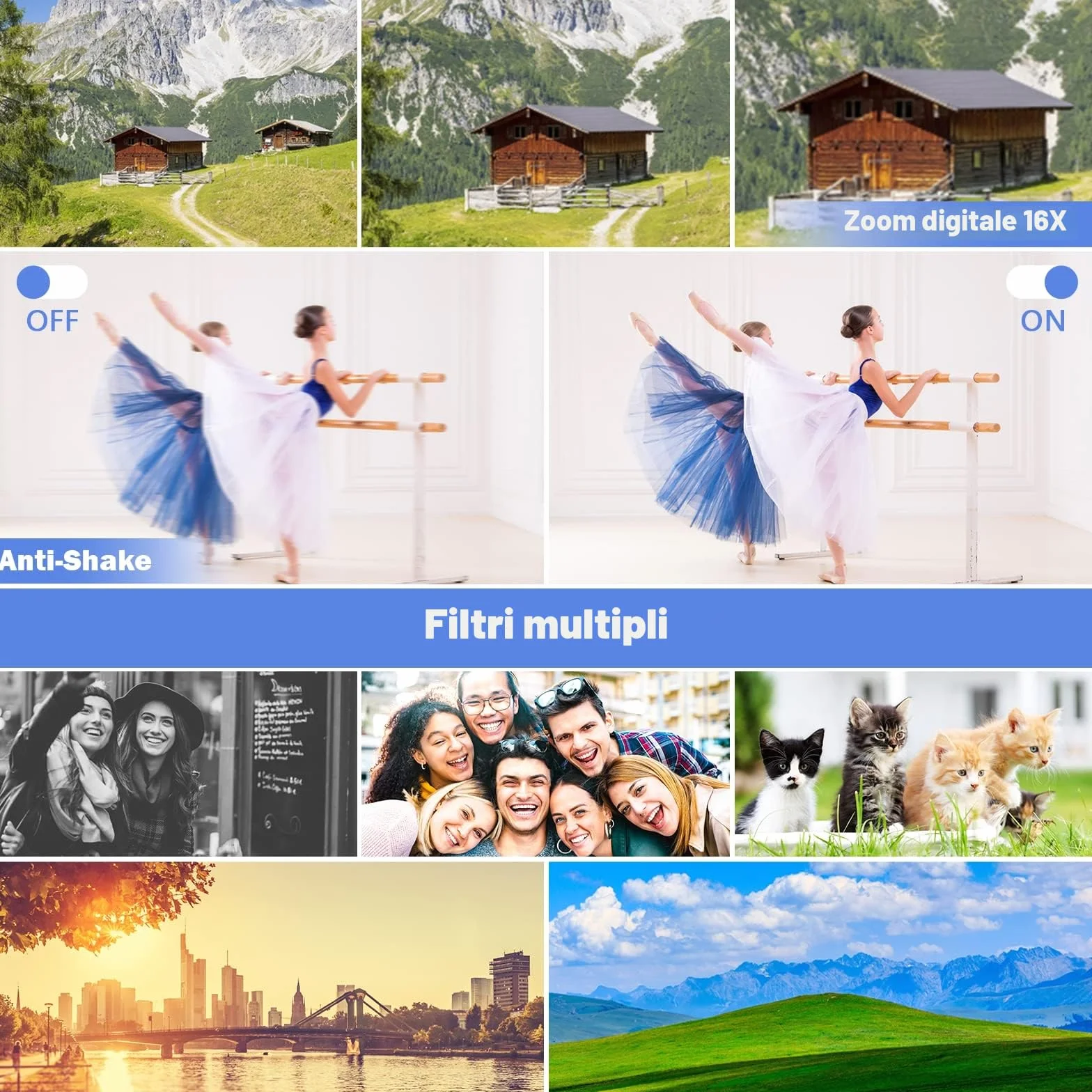 CCN Fotocamera Digitale 4K 48MP, Fotocamera con schermo 3.0" ribaltabile a 180°, fotocamera compatta con zoom digitale 16X, obiettivo grandangolare e obiettivo macro, scheda TF da 64GB, WiFi, nero