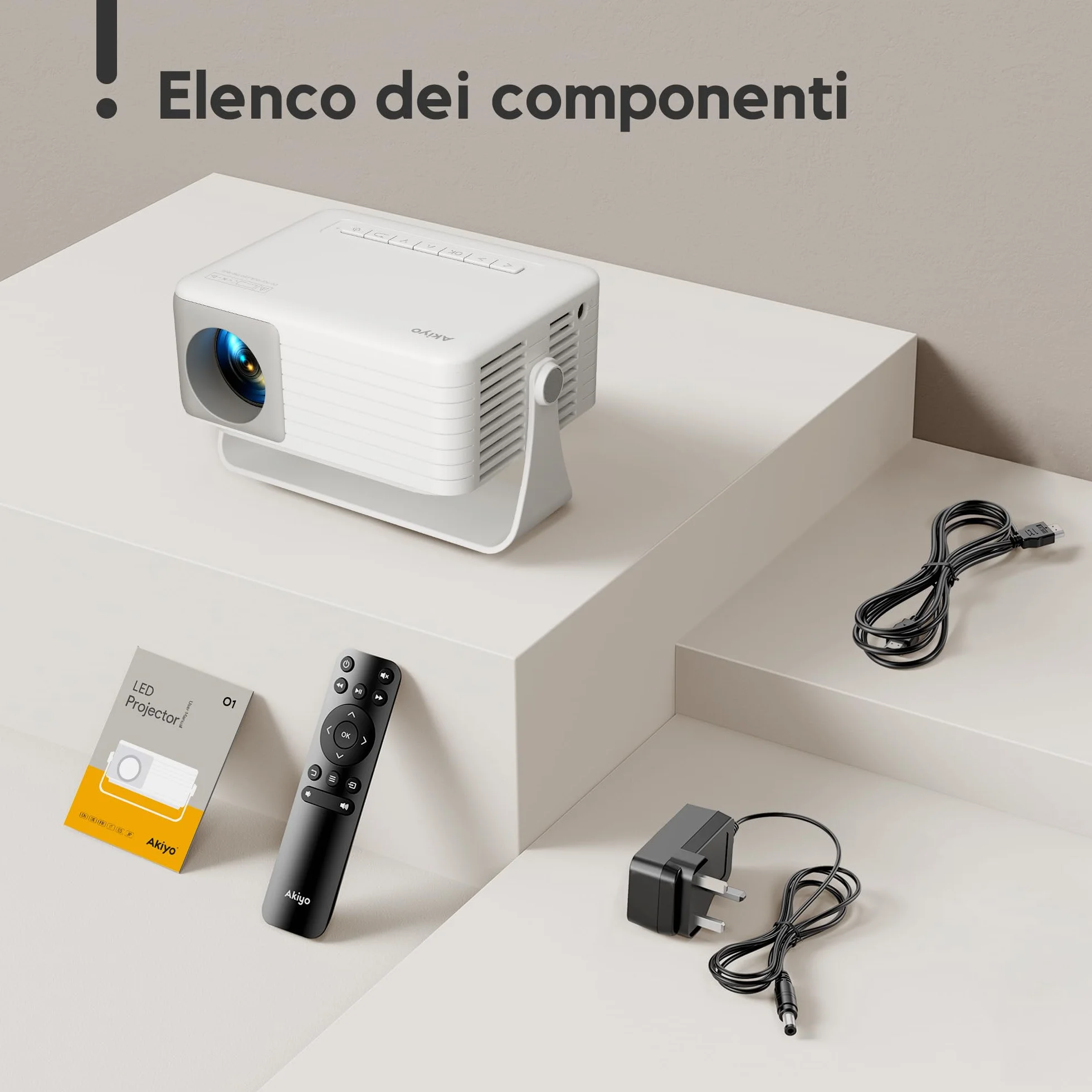 AKIYO O1 Proiettore Portatile 15000 Lumens, 4K Supporto Full HD 1080P, Auto Keystone, Rotabile 360°, per Phone/TV Stick/HDMI/USB/TF