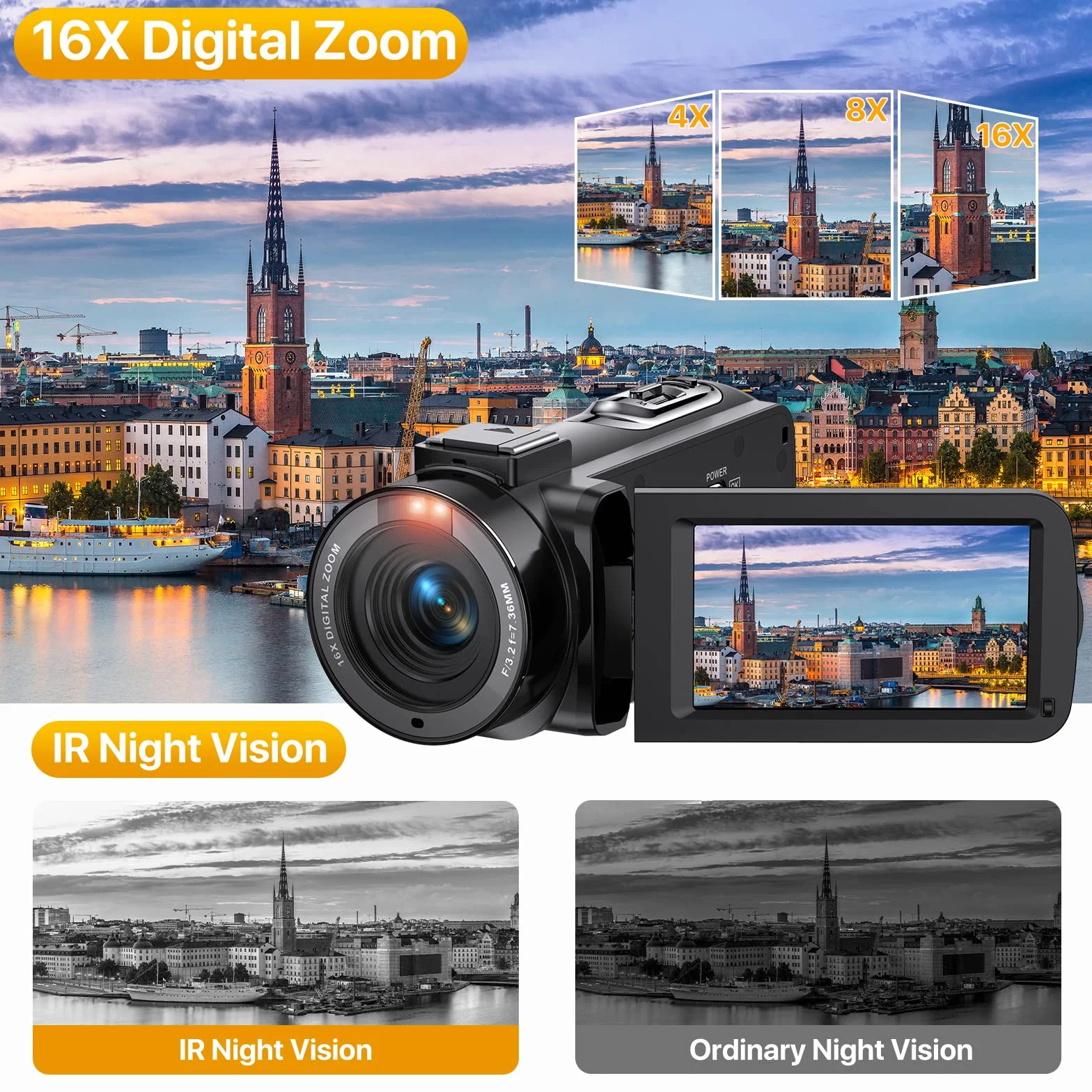 Videocamera Digitale FHD 1080P Camcorder 30FPS Vlogging Camera per Youtube 16X Zoom Digitale e IR Visione Notturna 3.0" IPS Schermo Videocamera Camcorder con 2 Batterie e Telecomando