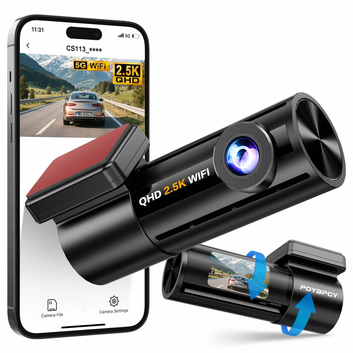Dash Cam Auto 2.5K WiFi 5G con APP, Mini Dashcam Auto 170° Grandangolo, Telecamera per Auto 360 Gradi Rotabile, Visione Notturna WDR F1.8, G-Sensor, Loop Recording, Parking Monitor e Time-Lapse