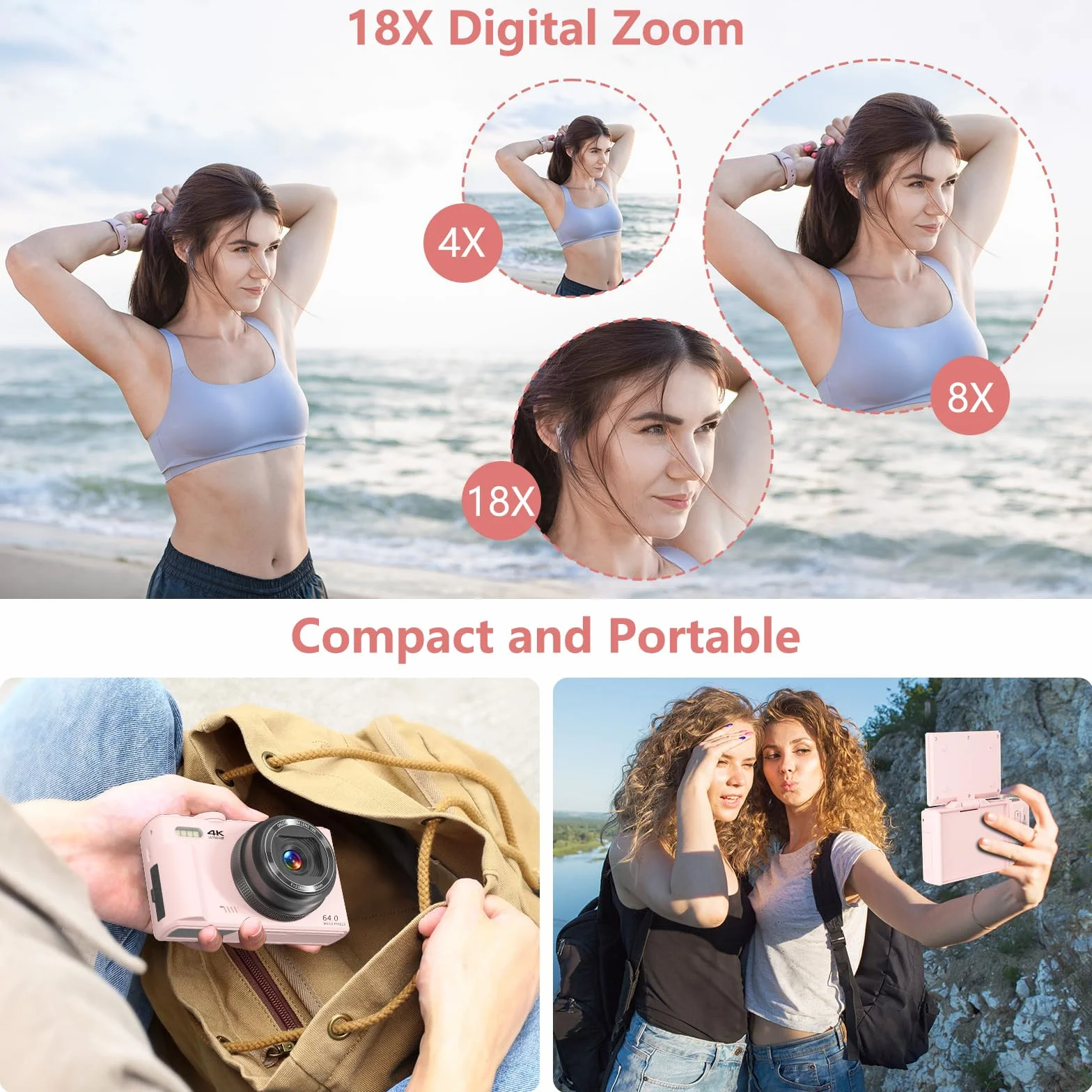 Fotocamera digitale per fotografia, 4K Vlogging Camera per YouTube 3 pollici 180° Flip Screen Zoom digitale 18X Fotocamera compatta con 32GB TF Card & 2 Batterie, Rosa