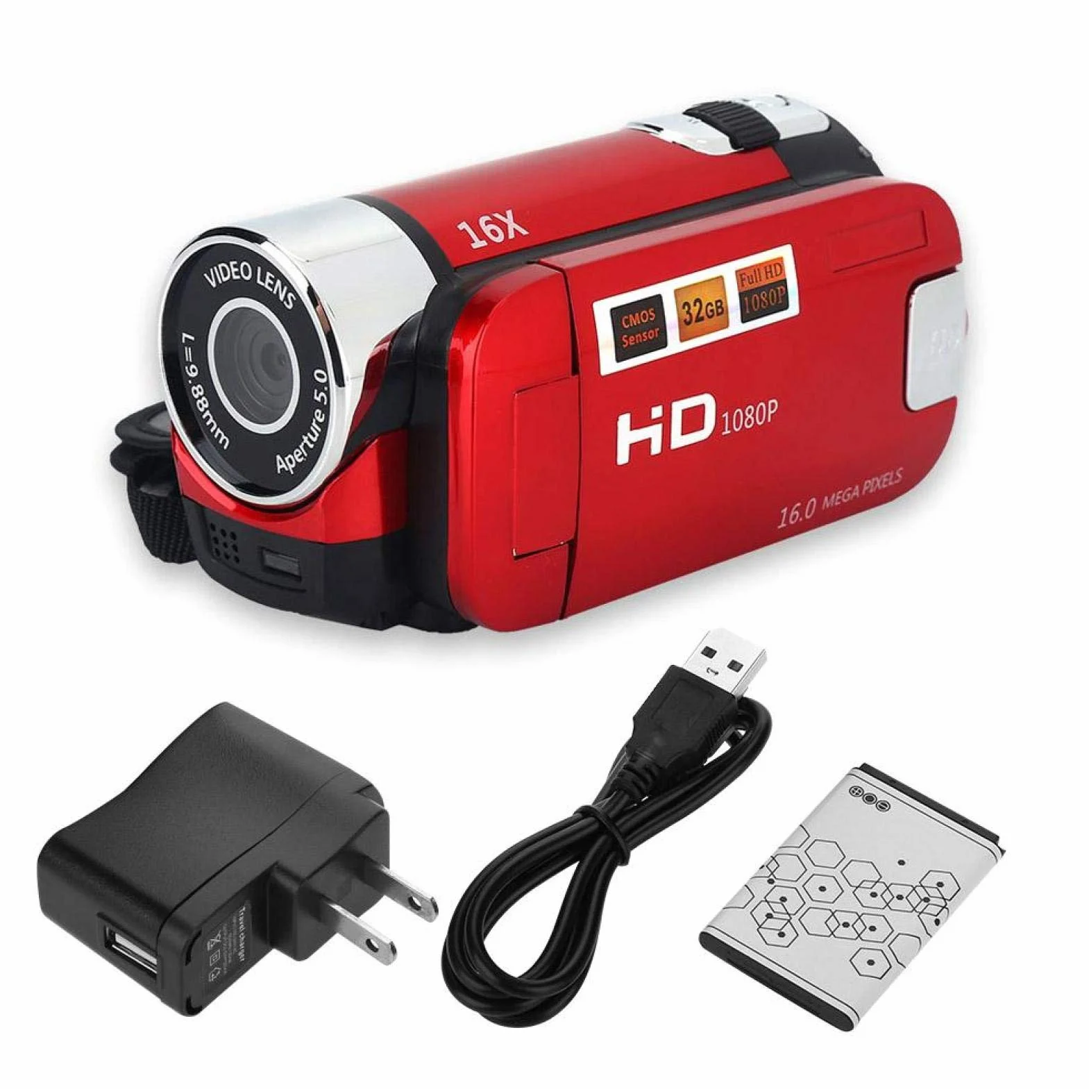 Diyeeni Videocamera portatile 1080P FHD 16x zoom digitale, fotocamera digitale DV Trabar con sensore COMS, altoparlante incorporato, schermo rotante 270 °, videocamera(Red)