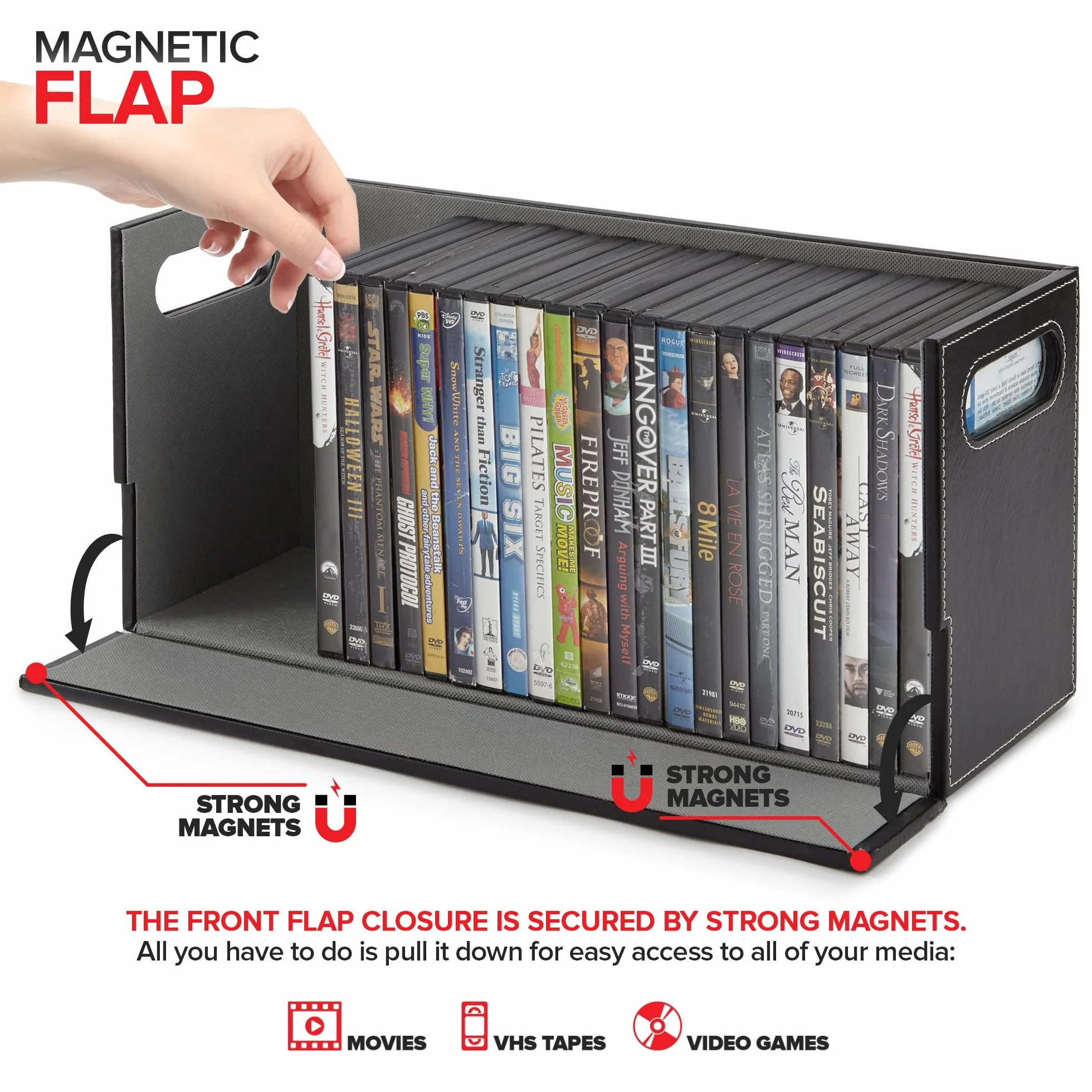 Stock Your Home Scatola portaoggetti per DVD, organizer per Blu-Ray, custodie per videogiochi, CD, supporto per nastri VHS, supporto per dischi può contenere fino a 28 DVD, in ecopelle (nero)