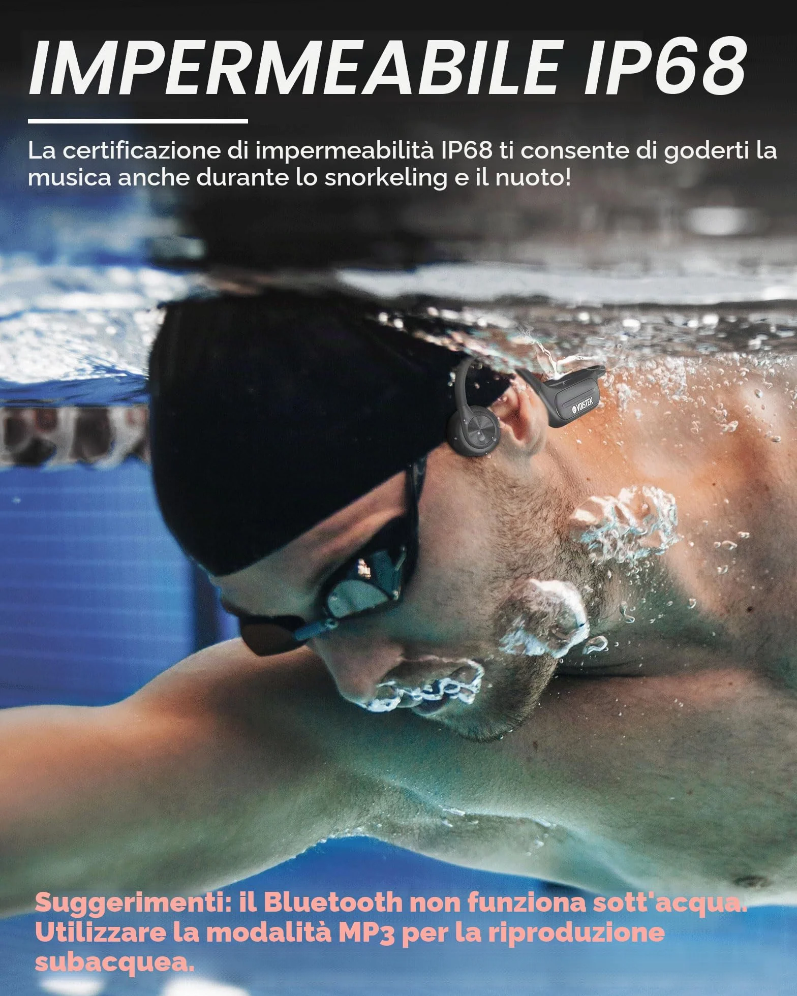Voistek Cuffie Conduzione Ossea, IP68 Impermeabili Subacquee per Piscina e Nuoto, Bluetooth 5.4 con Lettore MP3 Built-in 32G Memoria, Auricolari Sportive per Surf, Corsa, Ciclismo