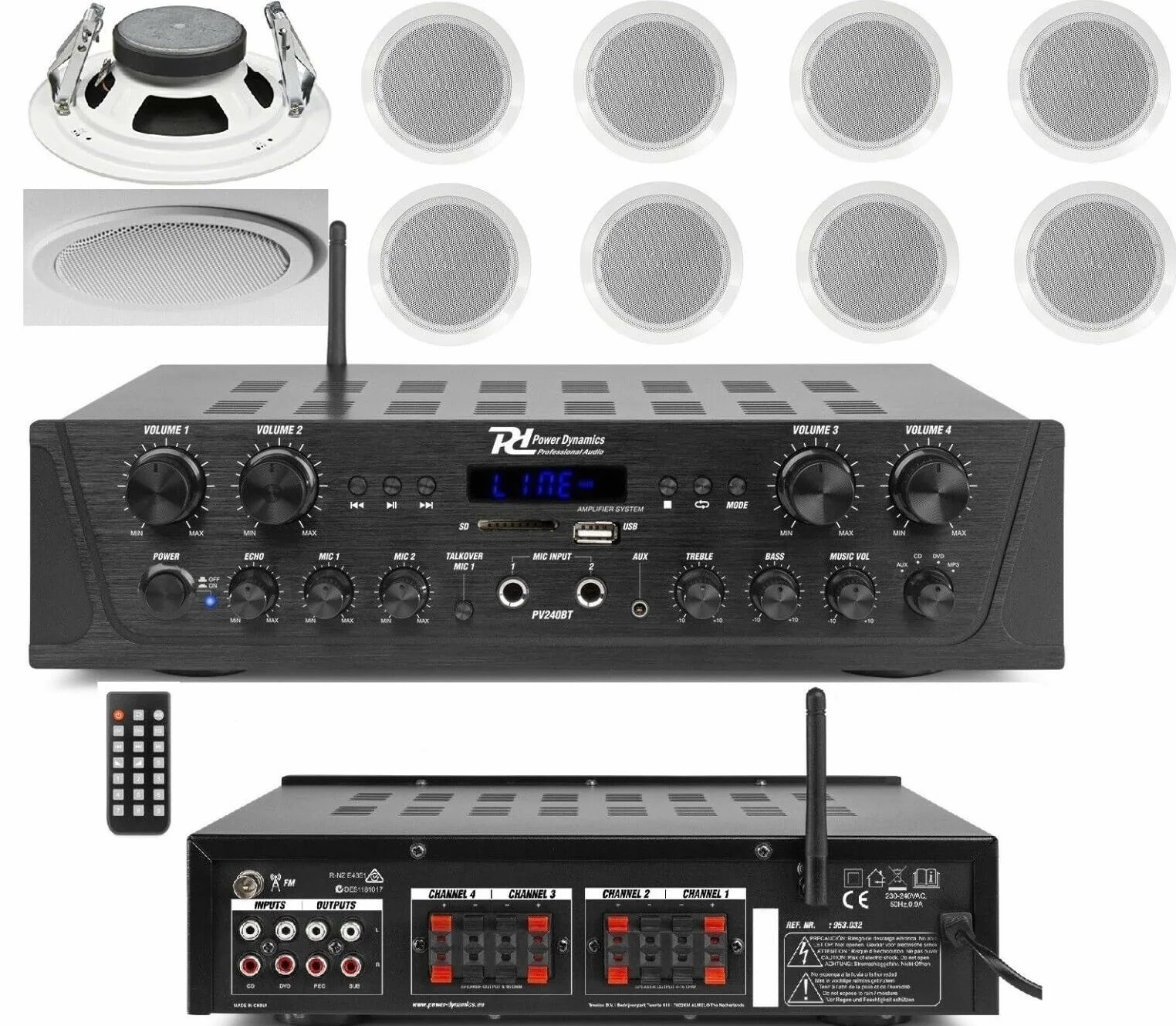 IMPIANTO AUDIO FILODIFFUSIONE BLUETOOTH TELECOMANDO CASSE TONDE DA CONTROSOFFITTO (8 CASSE)