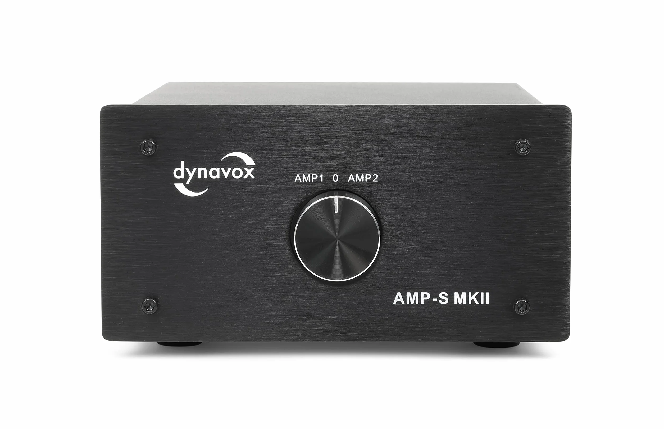 Dynavox AMP-S MKII - Commutatore amplificatore e scatola in metallo, per amplificatori stereo e surround, collegamento tramite spina a banana o connettore a clip, colore: Nero